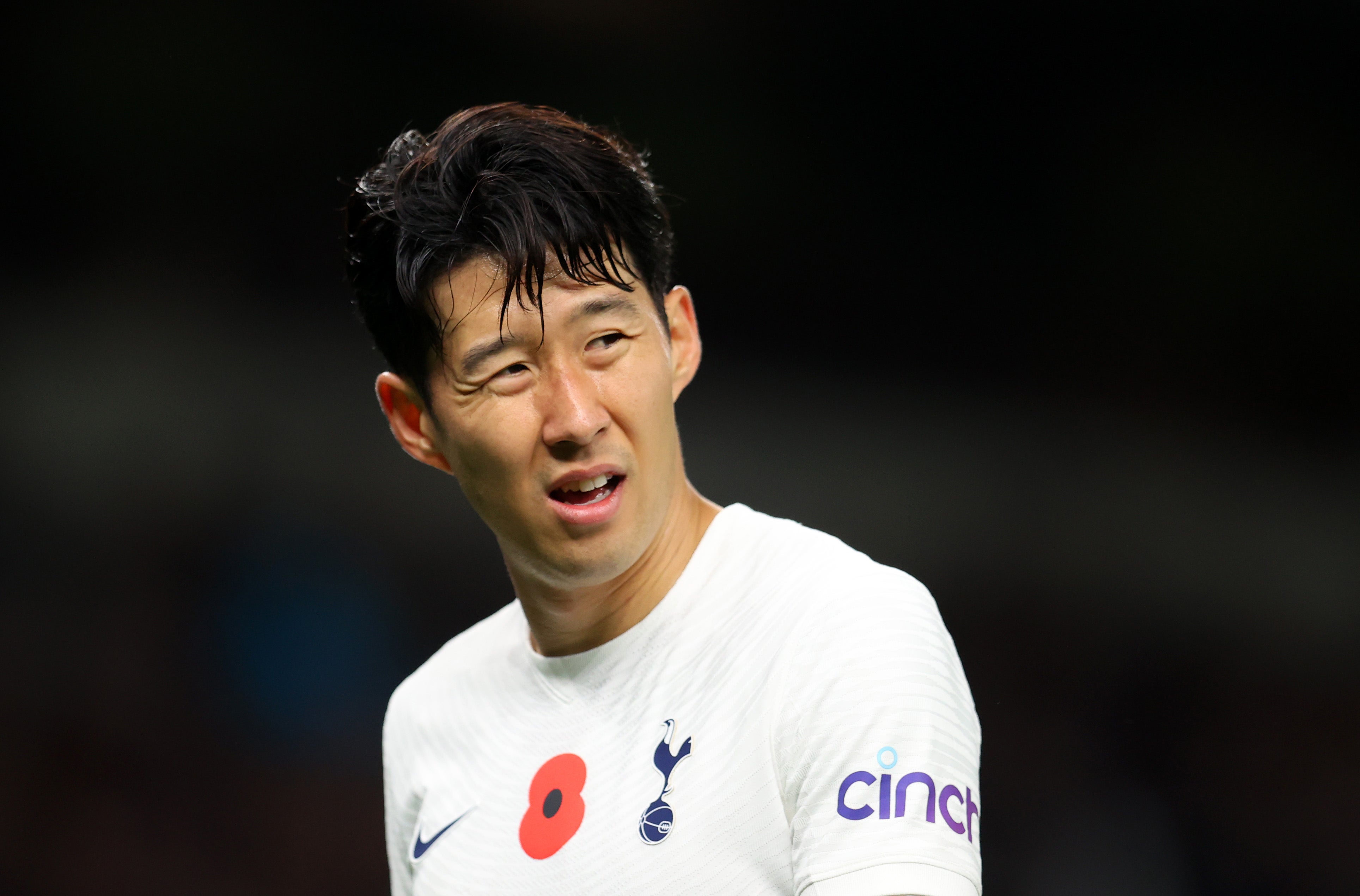 Son Heung-min reacts during Spurs’ 3-0 defeat by United