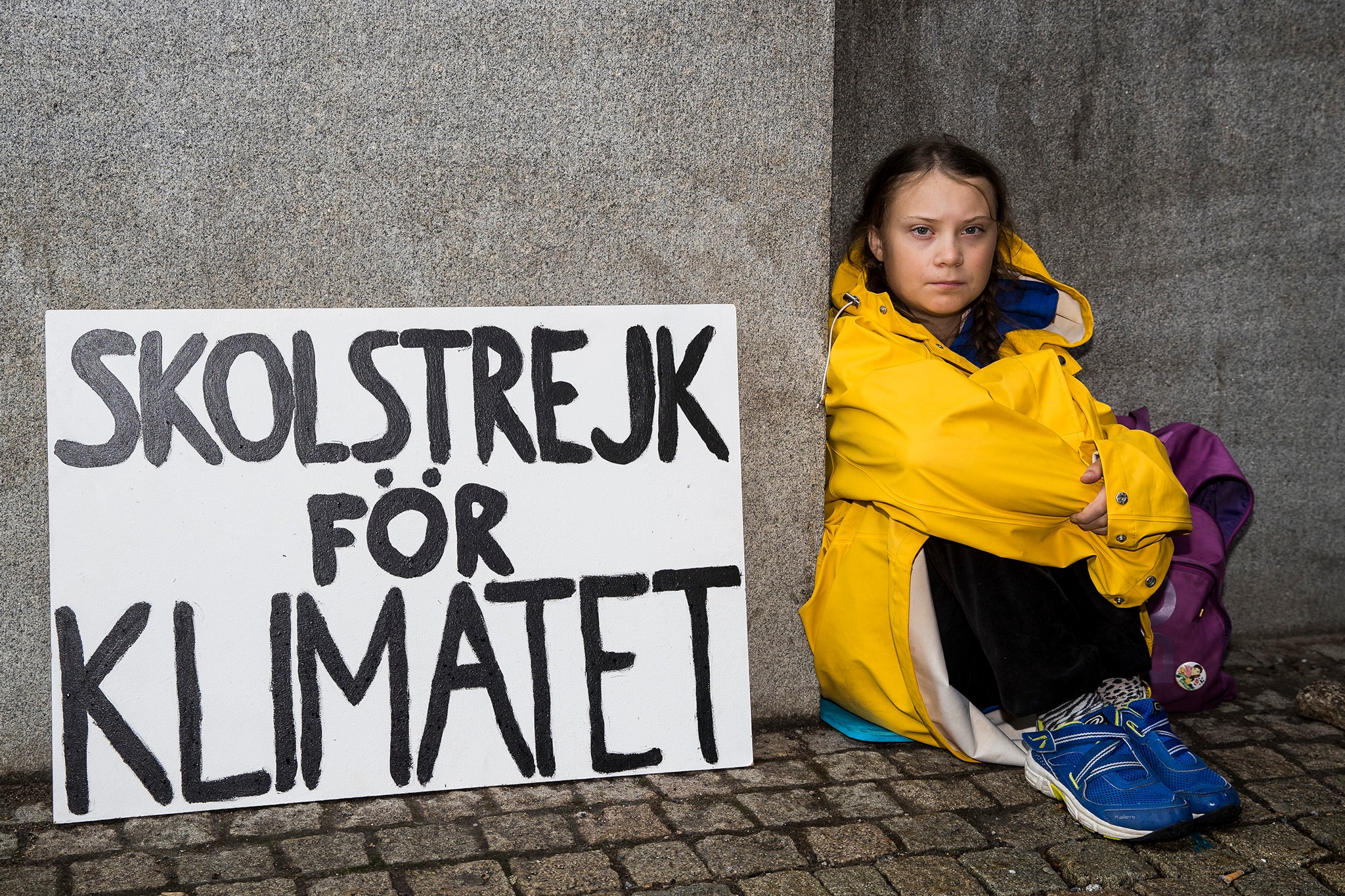 Then 15, Thunberg begins her ‘school strike for the climate’ outside of the Riksdag, the parliament building in Stockholm, in August 2018