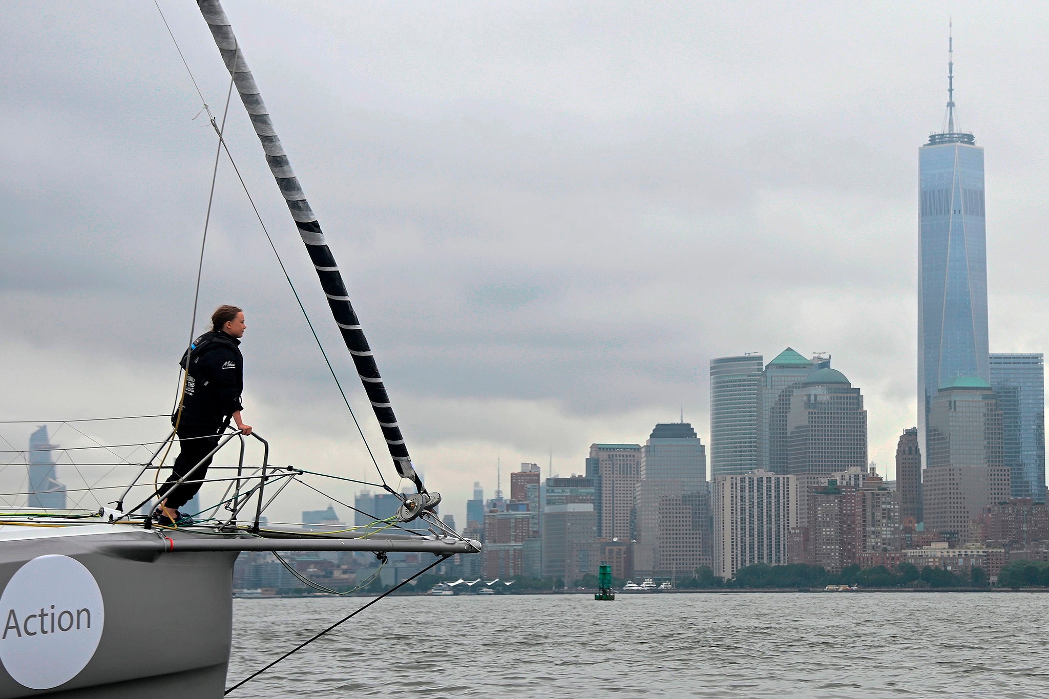 On board the ‘Malizia II’, a zero carbon yacht, arriving in New York after a 15-day journey crossing the Atlantic in August 2019