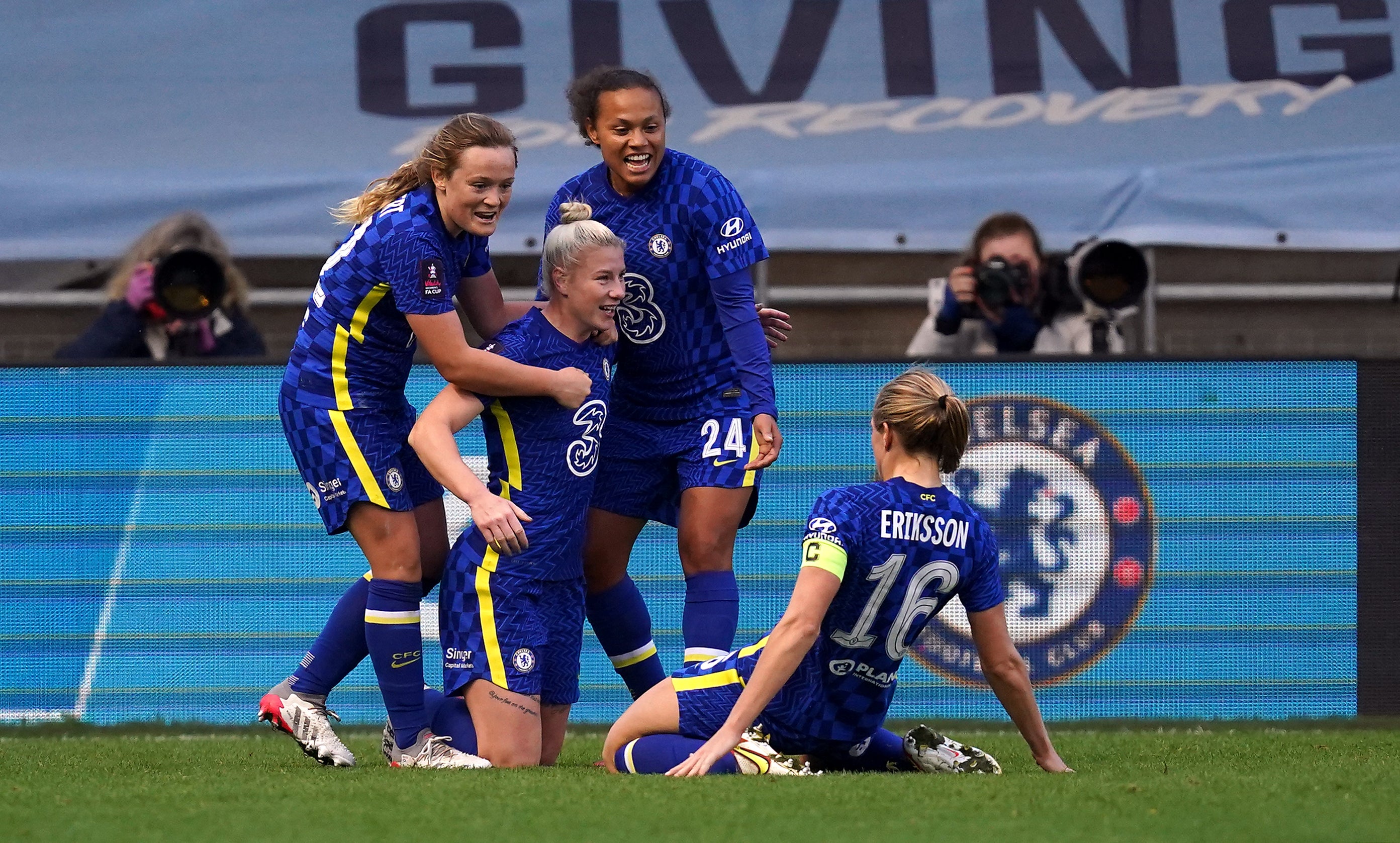 Beth England celebrates Chelsea’s third (Martin Rickett/PA)