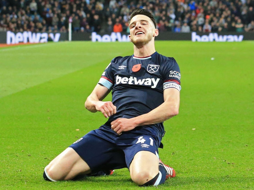 Rice celebrates his goal at Villa Park