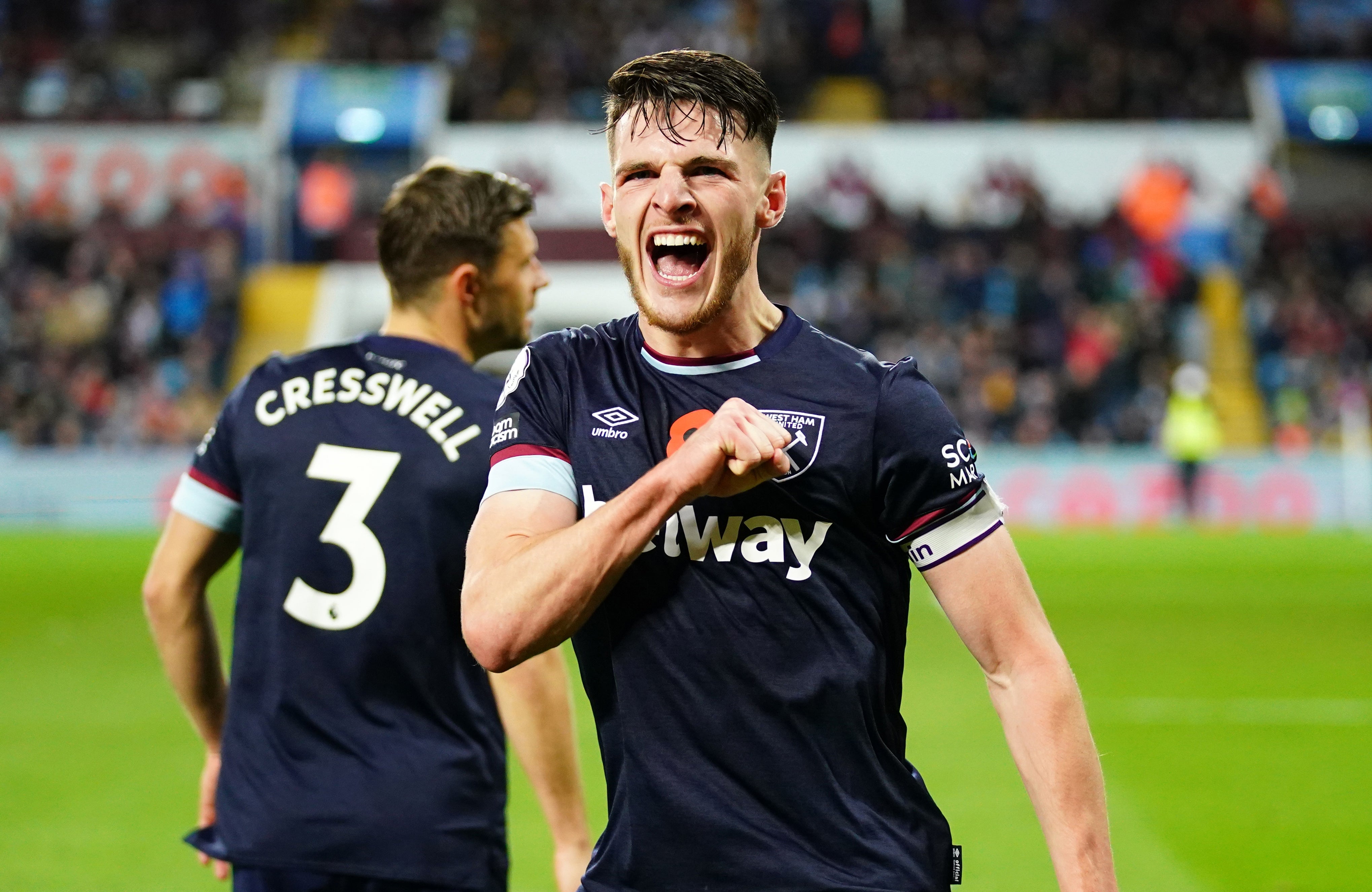 Declan Rice celebrates West Ham’s win at Villa Park (Nick Potts/PA)