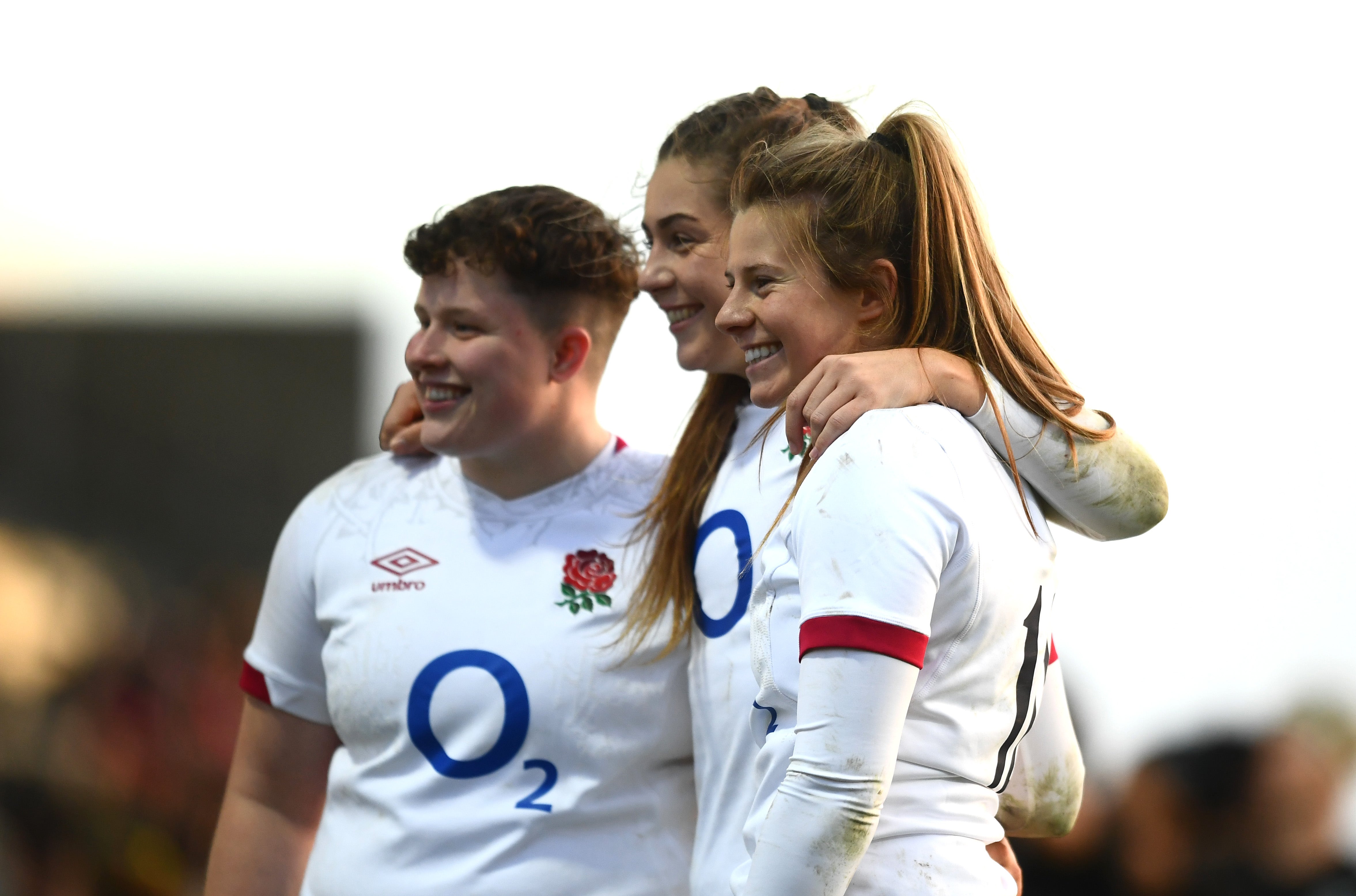 Hannah Botterman, Holly Aitchison and Zoe Harrison after victory at Sandy Park