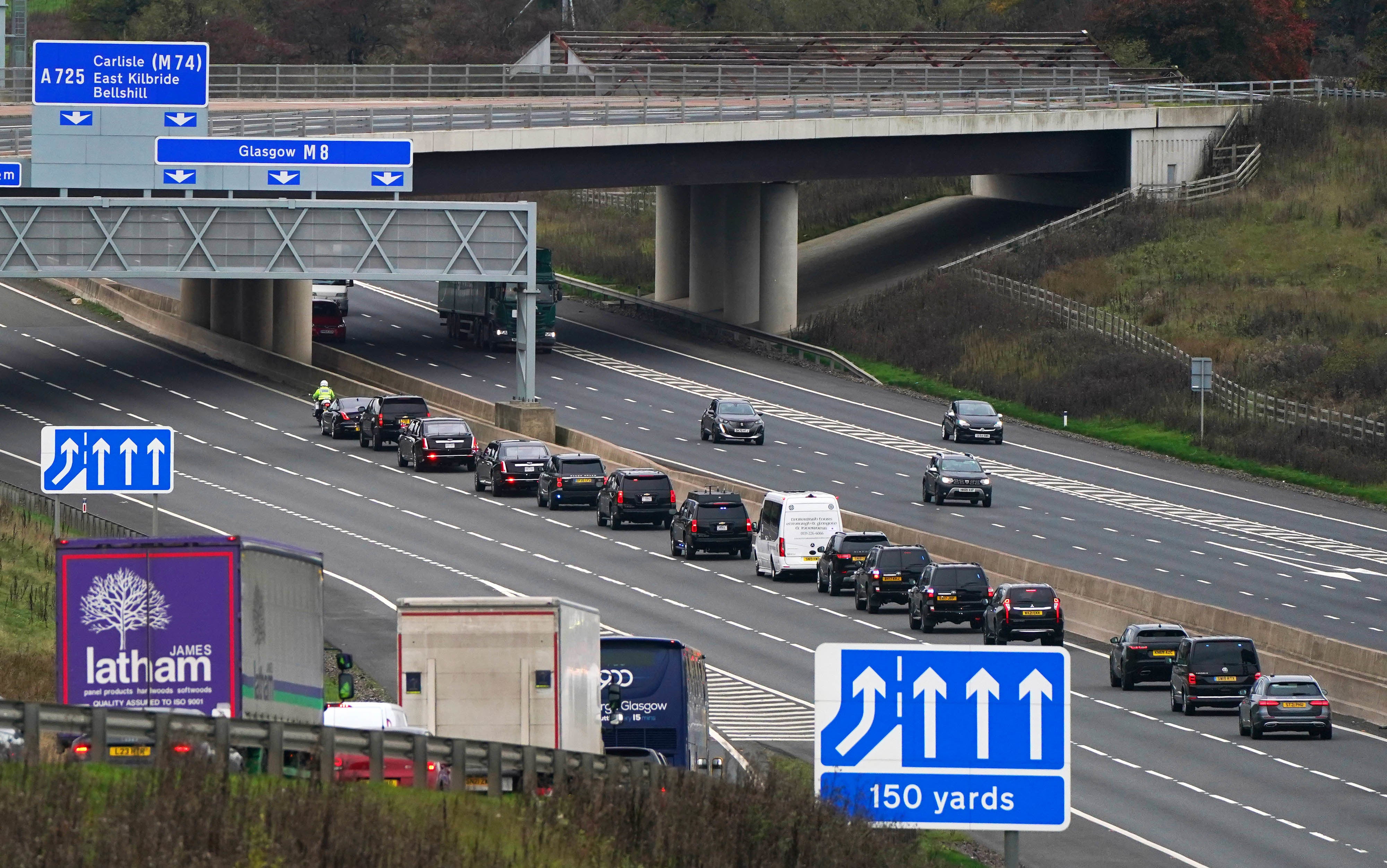 The president’s motorcade makes its way from Edinburgh to the Glasgow climate summit on Monday