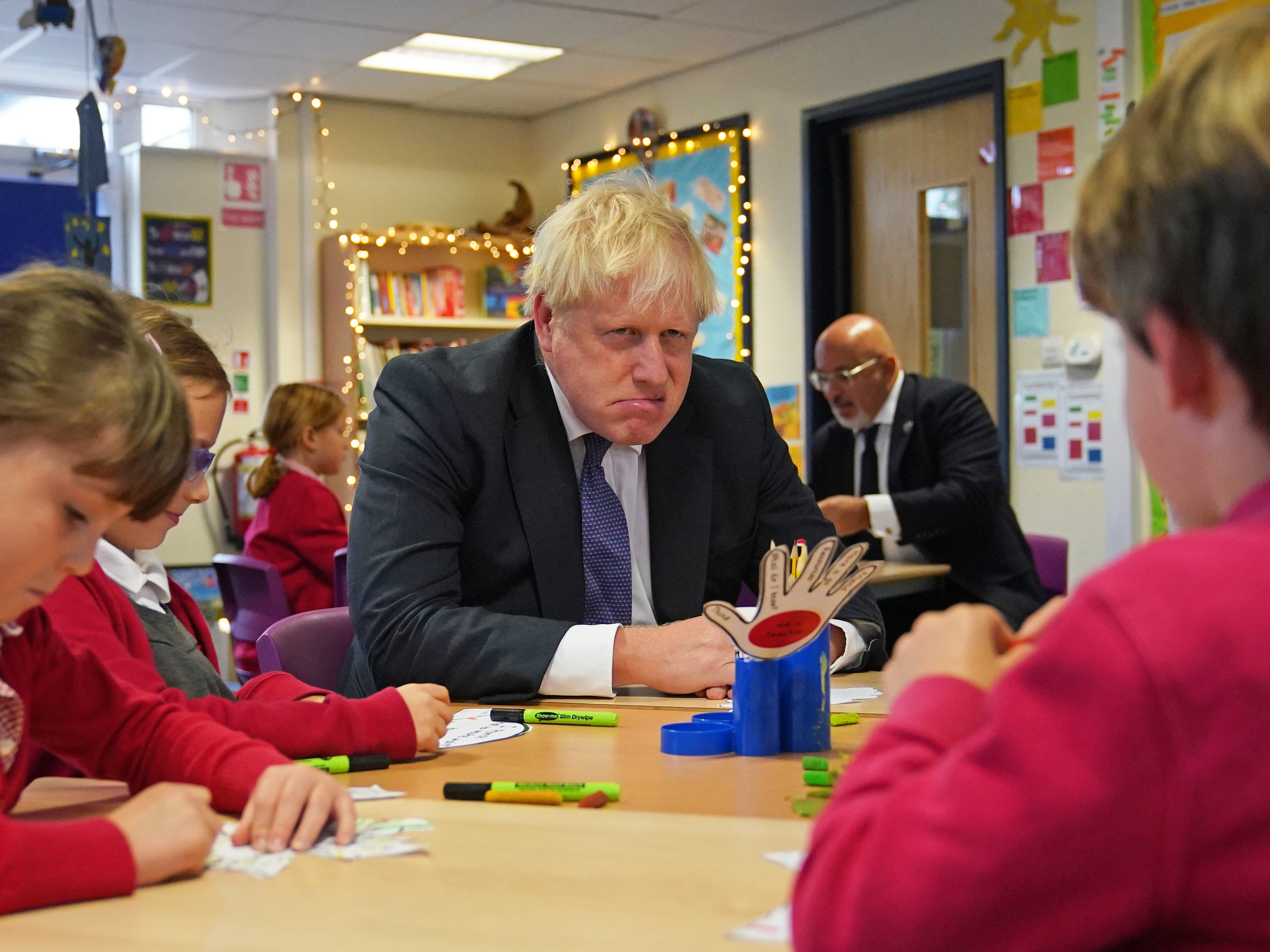 Boris Johnson with school children during a visit to Westbury-On-Trym Church of England Academy in Bristol