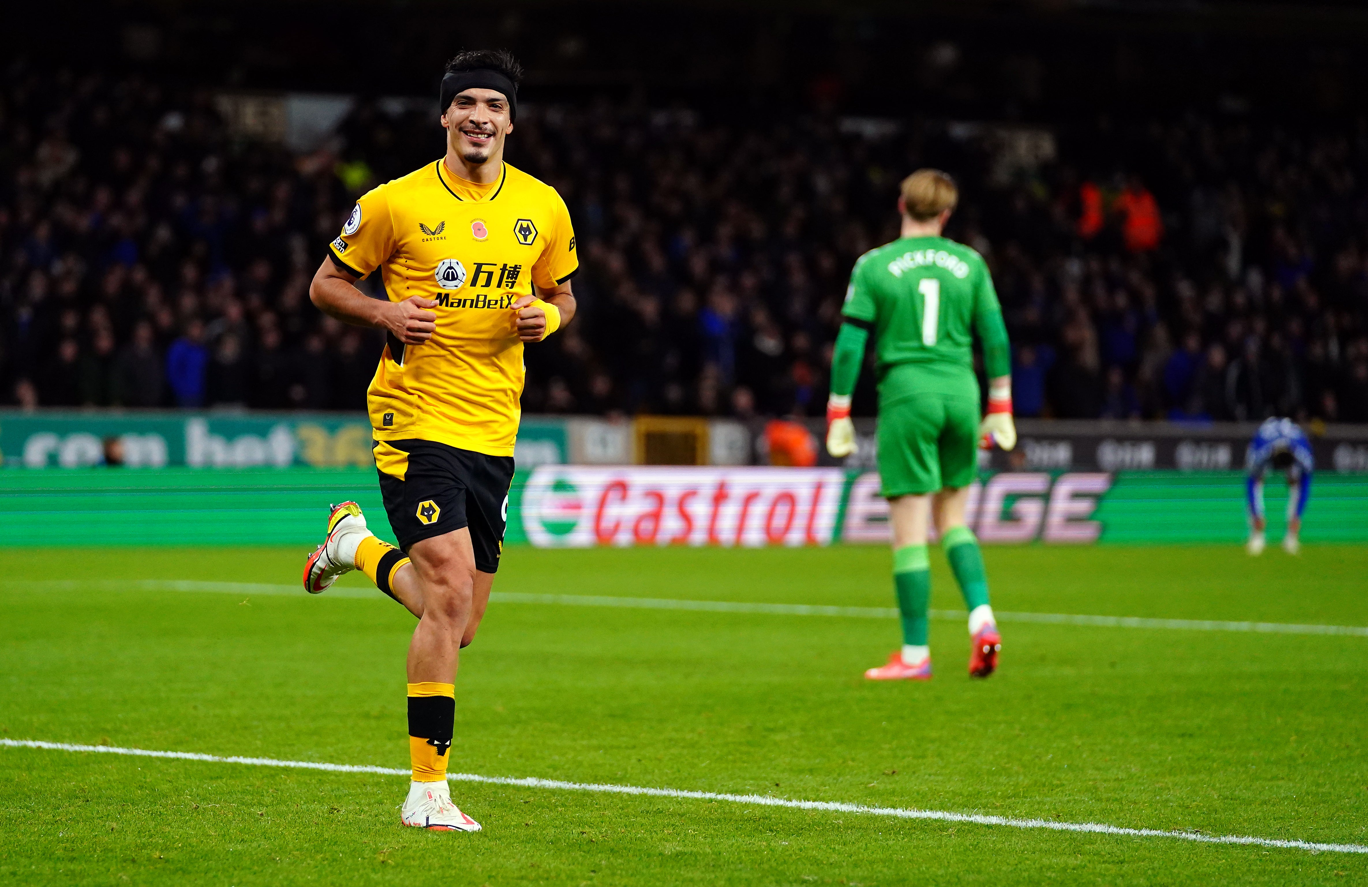 Raul Jimenez celebrates his goal against Everton (Nick Potts/PA)