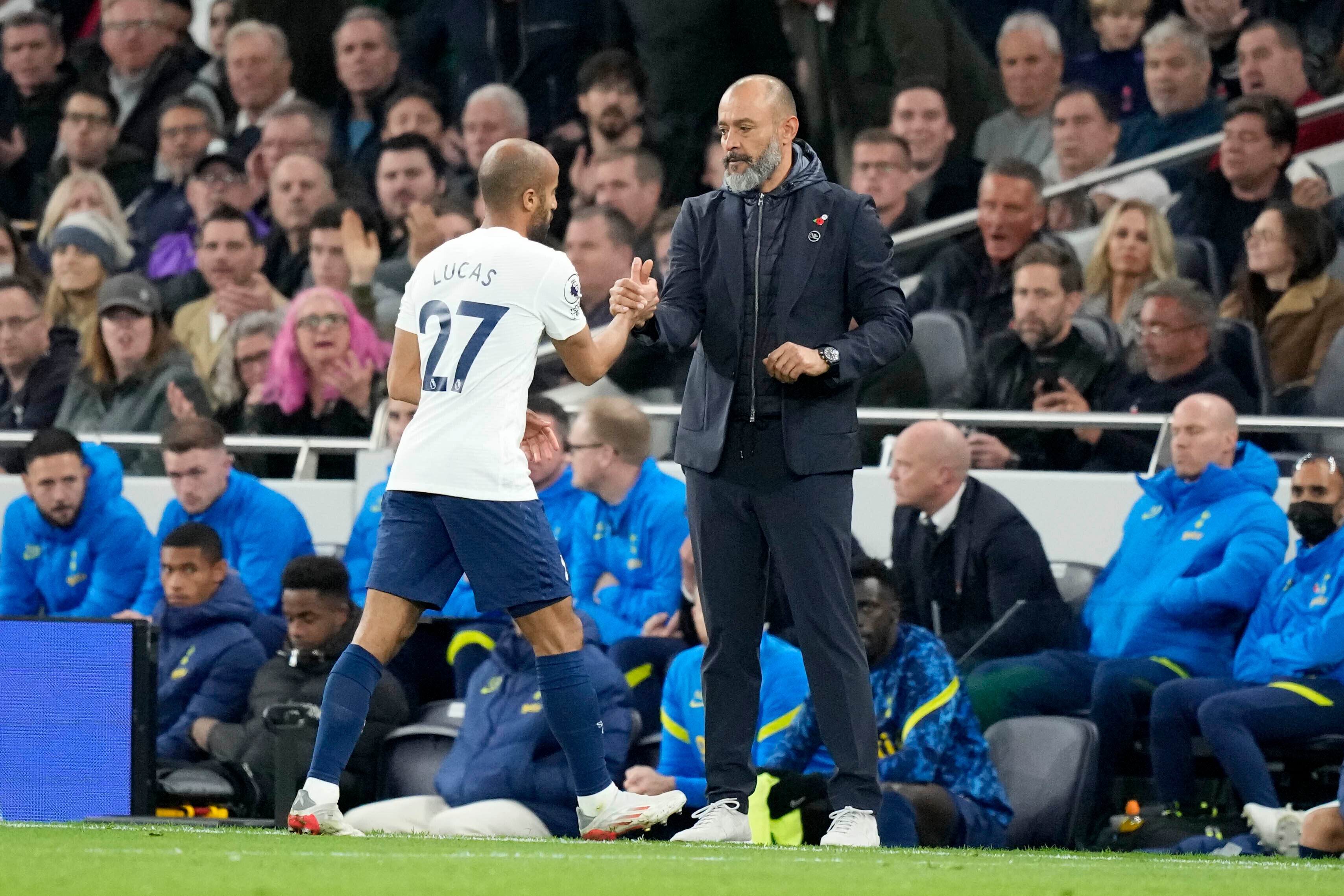 Nuno’s decision to substitute Lucas Moura in Saturday’s defeat to Manchester United was jeered by some Tottenham fans (Frank Augstein/AP)