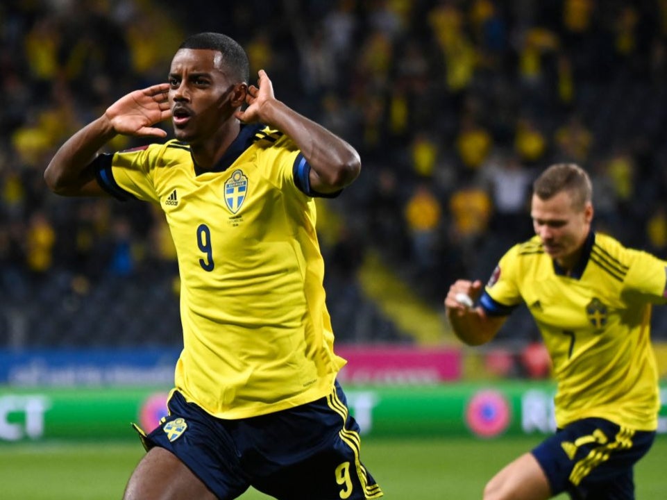 Isak celebrates scoring against Spain in September’s World Cup qualifiers