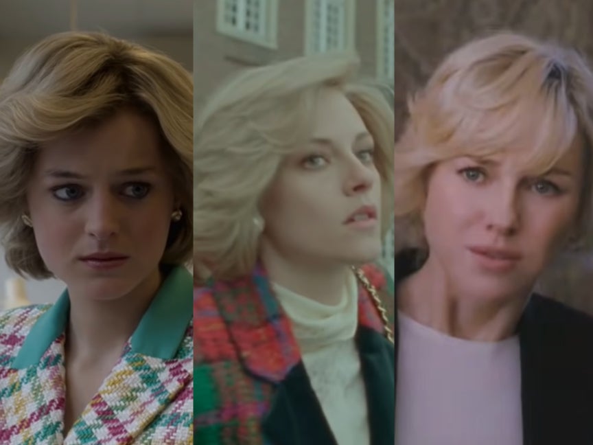 Princess Diana in pop culture (from left: Emma Corrin in The Crown, Kristen Stewart in Spencer and Naomi Watts in Diana)