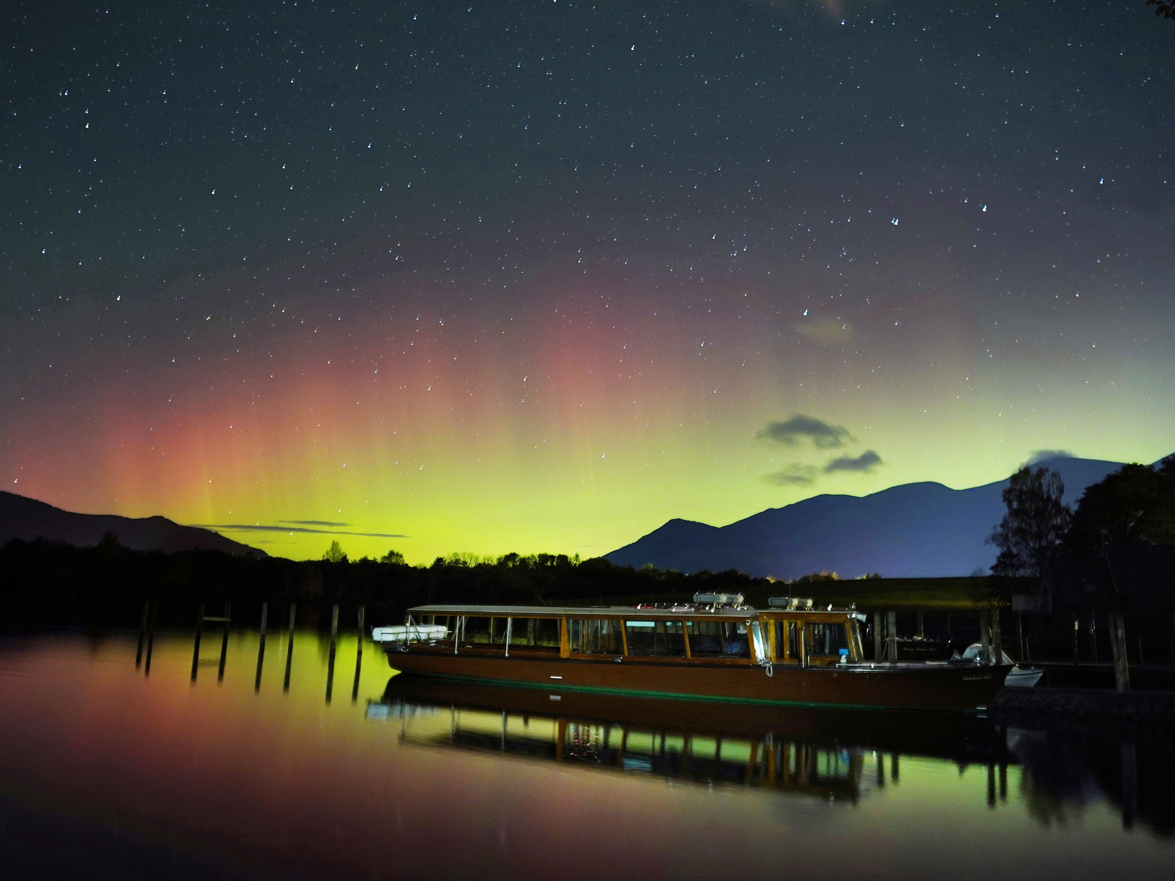 A spectacular display of the Northern Lights seen over Derwentwater near Keswick in the Lake District in early hhours of 4 November 2021