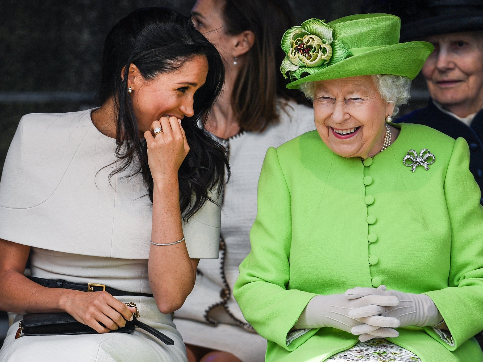 Queen Elizabeth II with Meghan, Duchess of Sussex during a ceremony to open the new Mersey Gateway Bridge on June 14, 2018