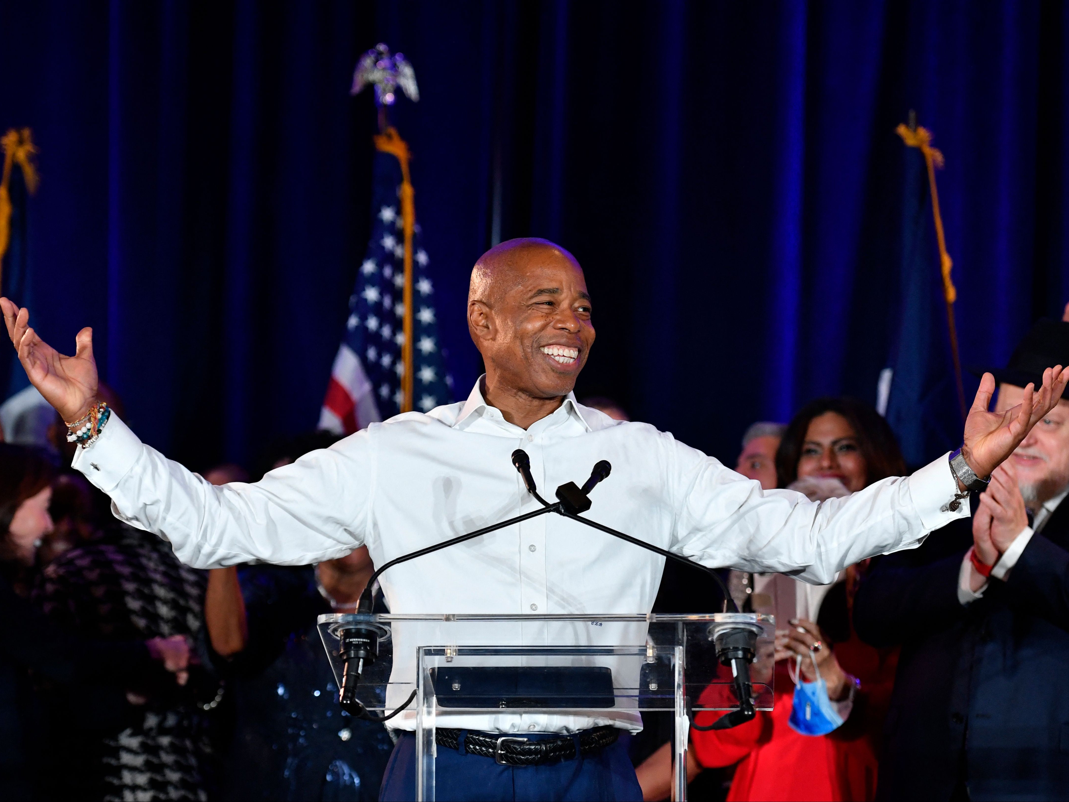 Adams, seen here at his 2021 election victory party, was reportedly in talks with the Trump administration to be appointed an ambassador in exchange for dropping out of the NYC mayoral race