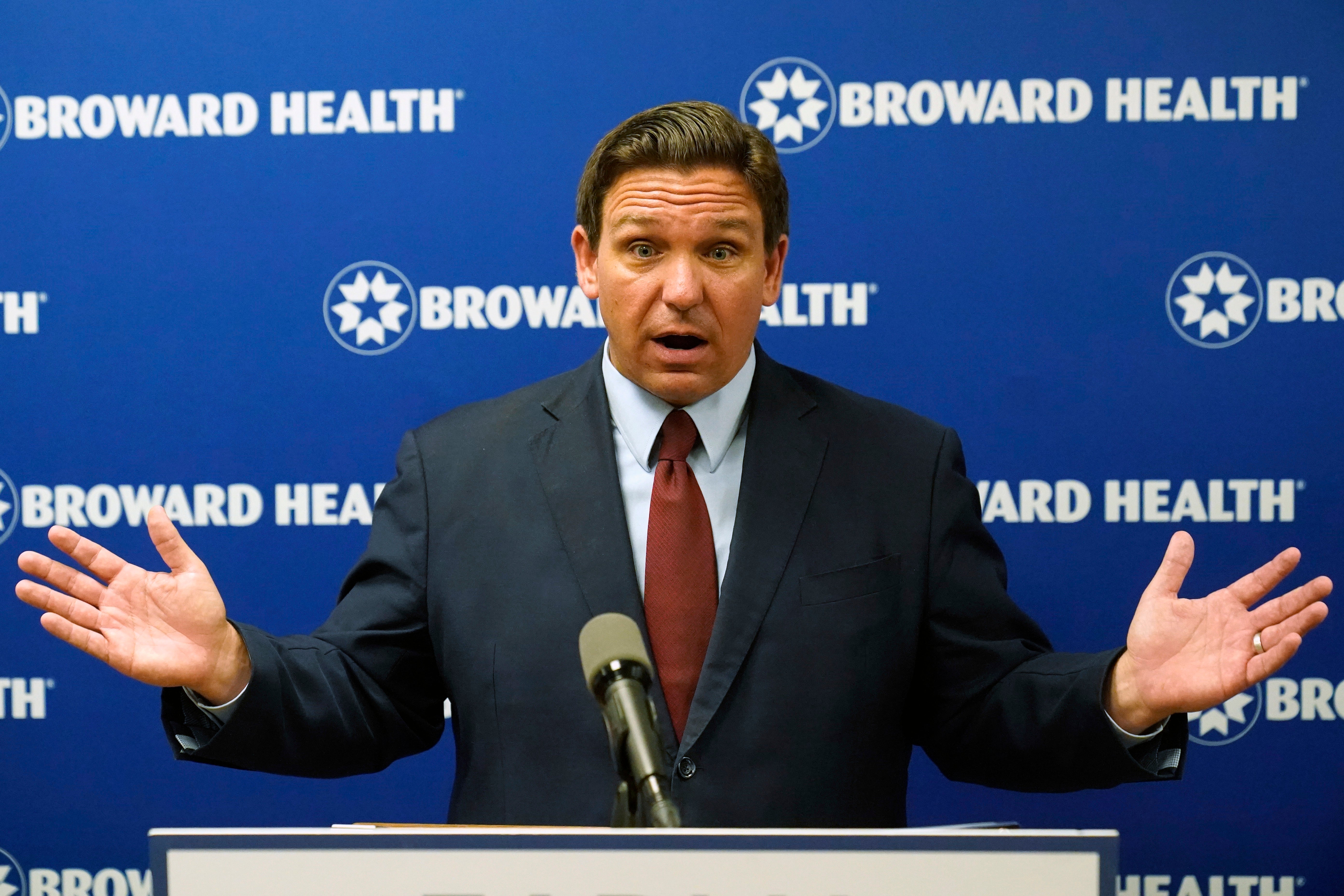 FILE - Florida Gov. Ron DeSantis speaks at a news conference, Thursday, Sept. 16, 2021, at the Broward Health Medical Center in Fort Lauderdale, Fla. President Joe Bidenâs plan to require vaccinations at all private employers of 100 workers or more has already hit a wall of opposition from Republican governors, state lawmakers and attorneys general.(AP Photo/Wilfredo Lee, File)