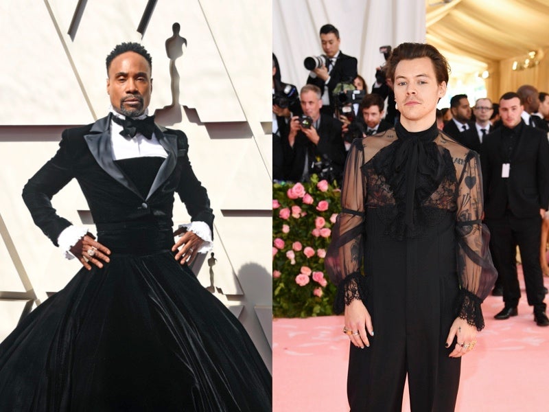 Billy Porter wearing the tuxedo dress and Harry Styles