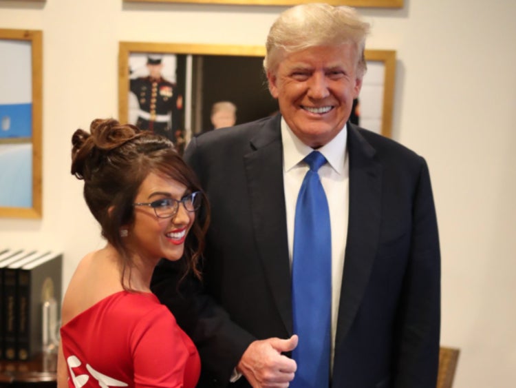 Lauren Boebert shows off her “Let’s Go Brandon” dress with Donald Trump.