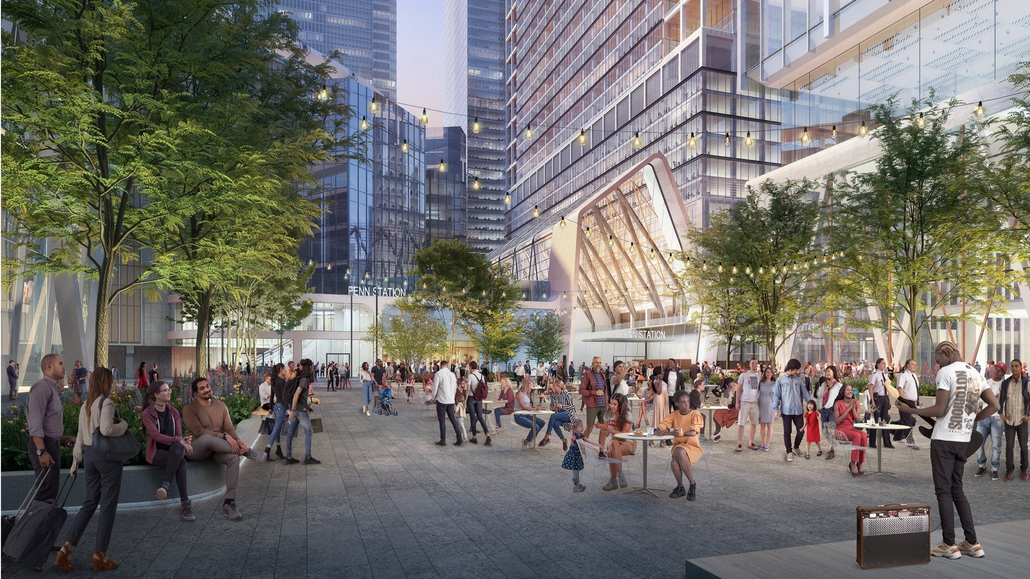 An artist’s rendering of a public plaza in front of the new Penn Station, as proposed by Governor Kathy Hochul