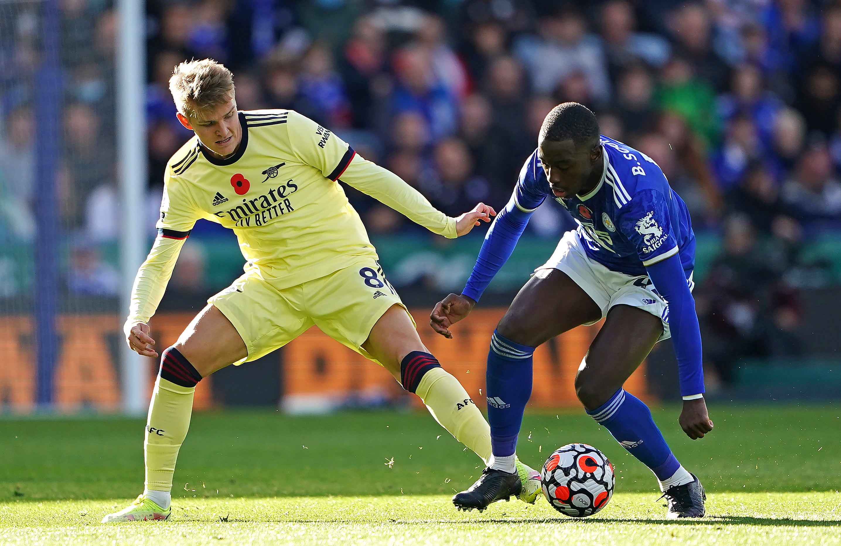 Soumare (right) and Arsenal’s Martin Odegaard, pictured in last weekend’s match at Leicester