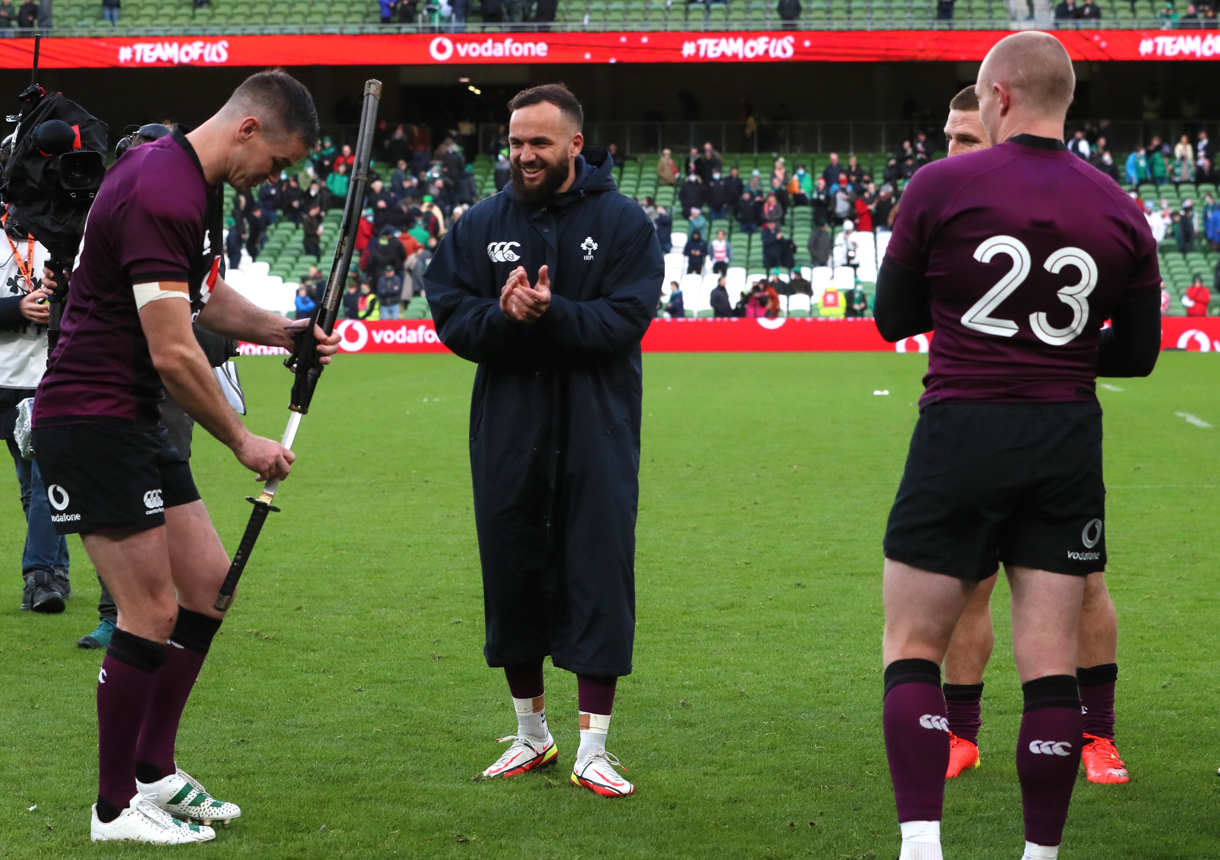 Johnny Sexton with a Samurai sword presented to him by the Japan team to mark his 100th cap (Brian Lawless/PA)