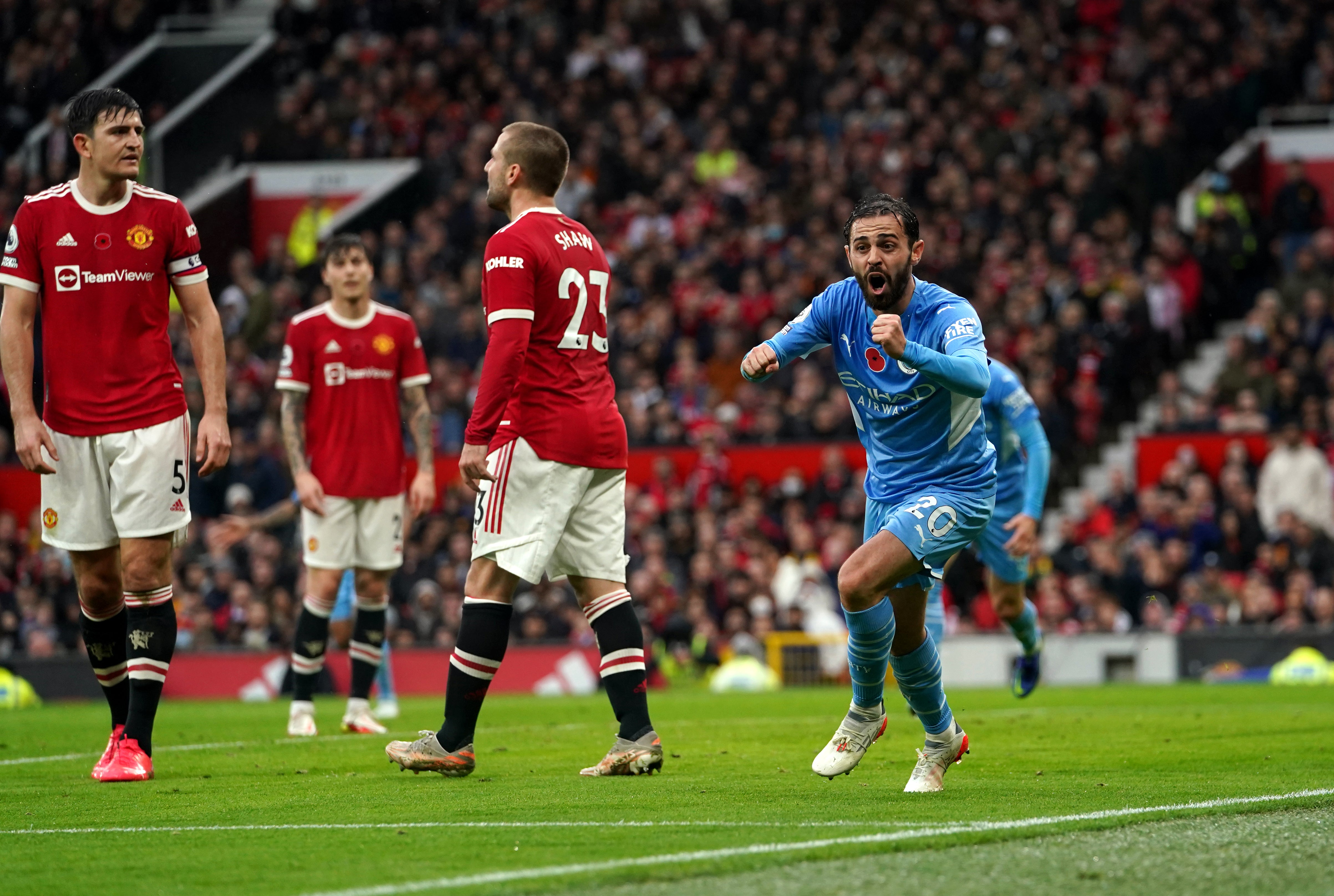 Bernardo Silva scores Manchester City’s second goal in the derby