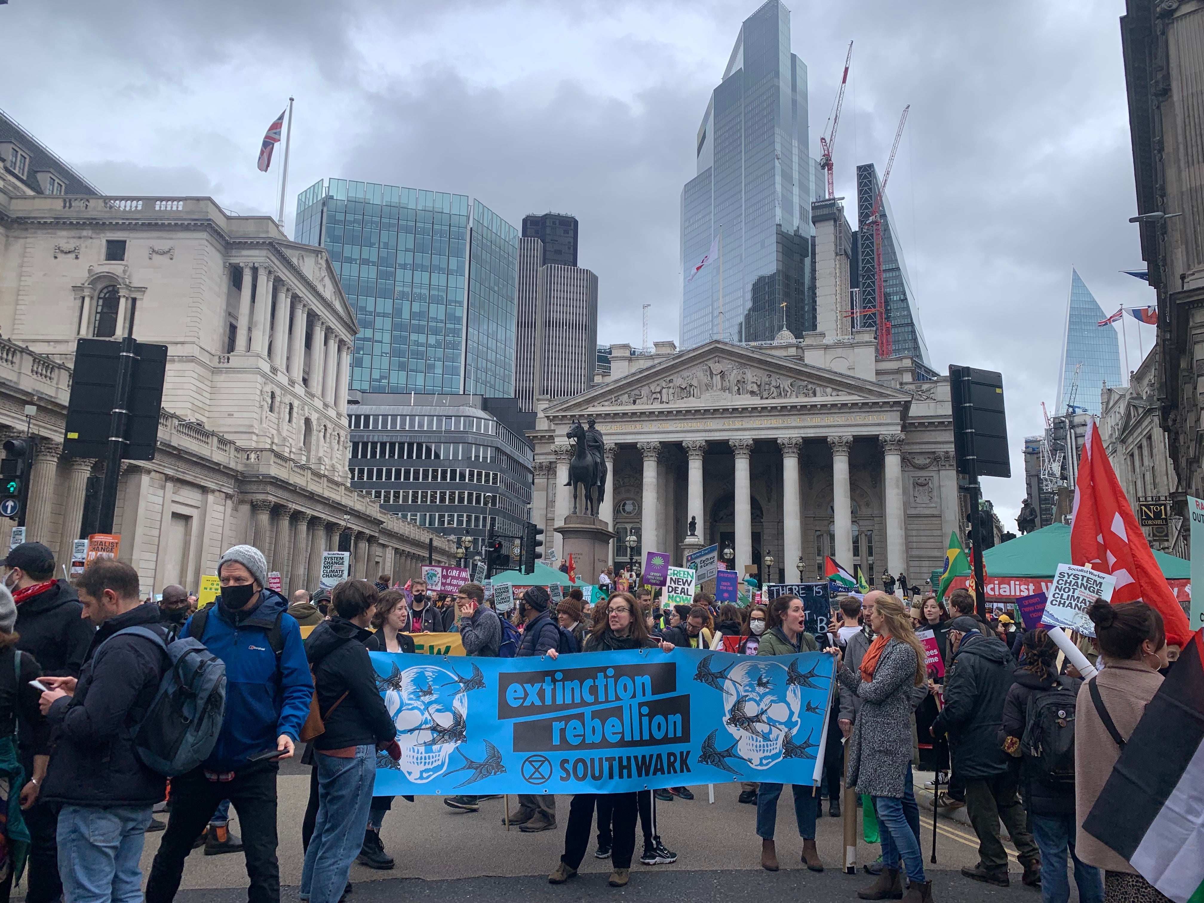 Crowds gathered outside the Bank of England at 12pm before marching on to Trafalgar Square.