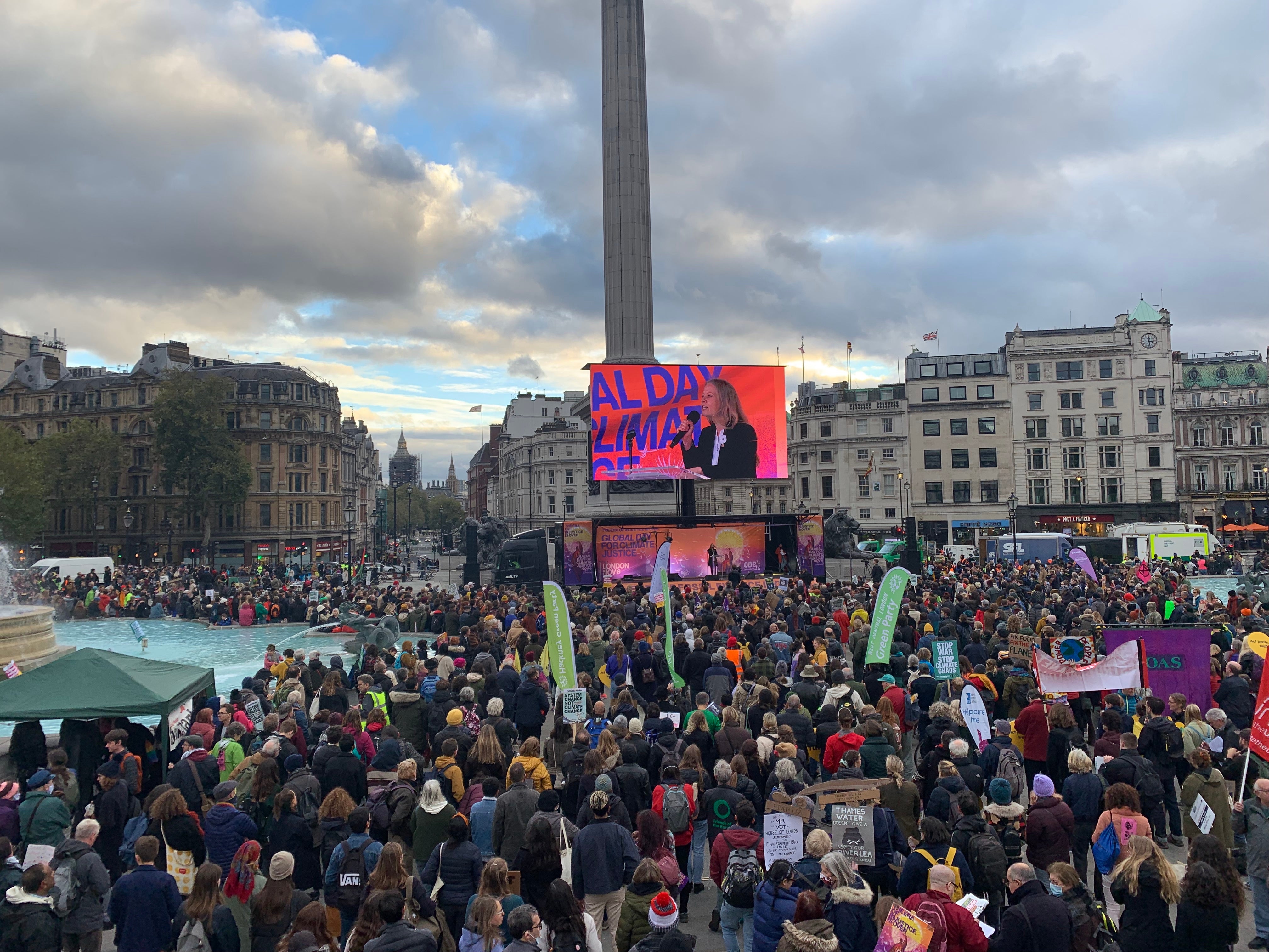 Sian Berry addresses the crowd at Trafalgar Square.