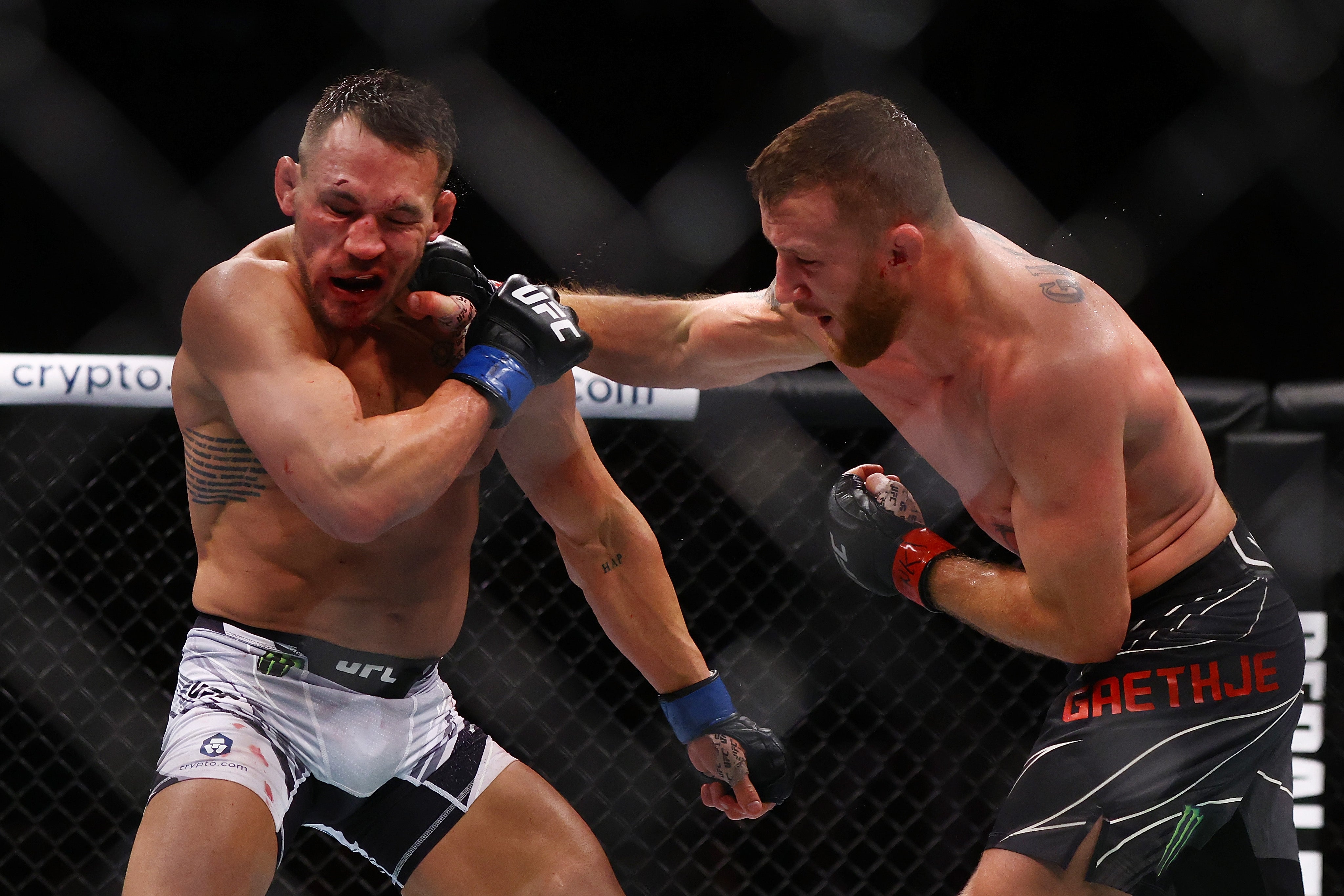 Michael Chandler (left) and the victorious Justin Gaethje put on fight of the night