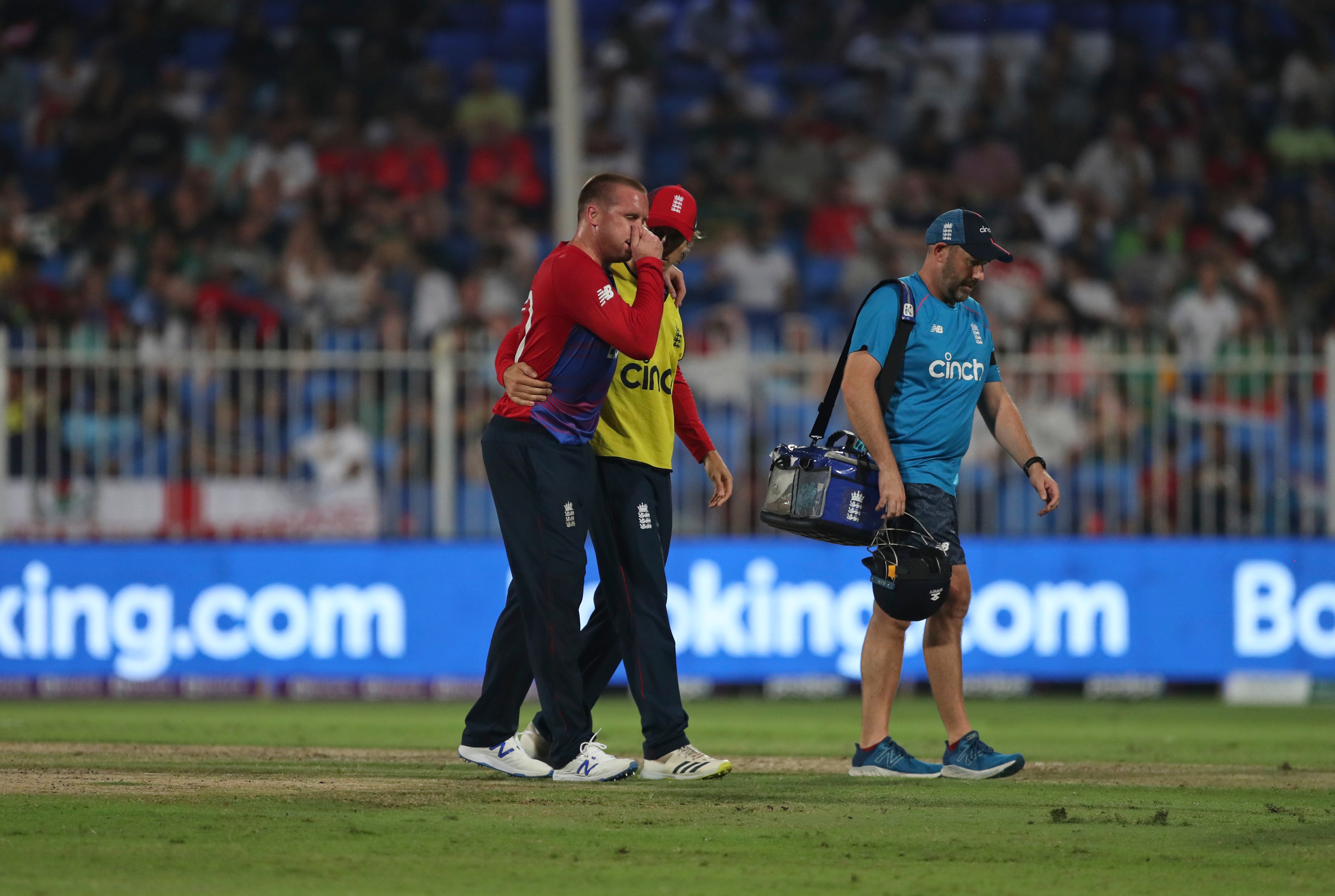 Jason Roy, left, had to be helped off the field as he retired hurt in England’s defeat to South Africa on Saturday (Aijaz Rahi/AP/PA)