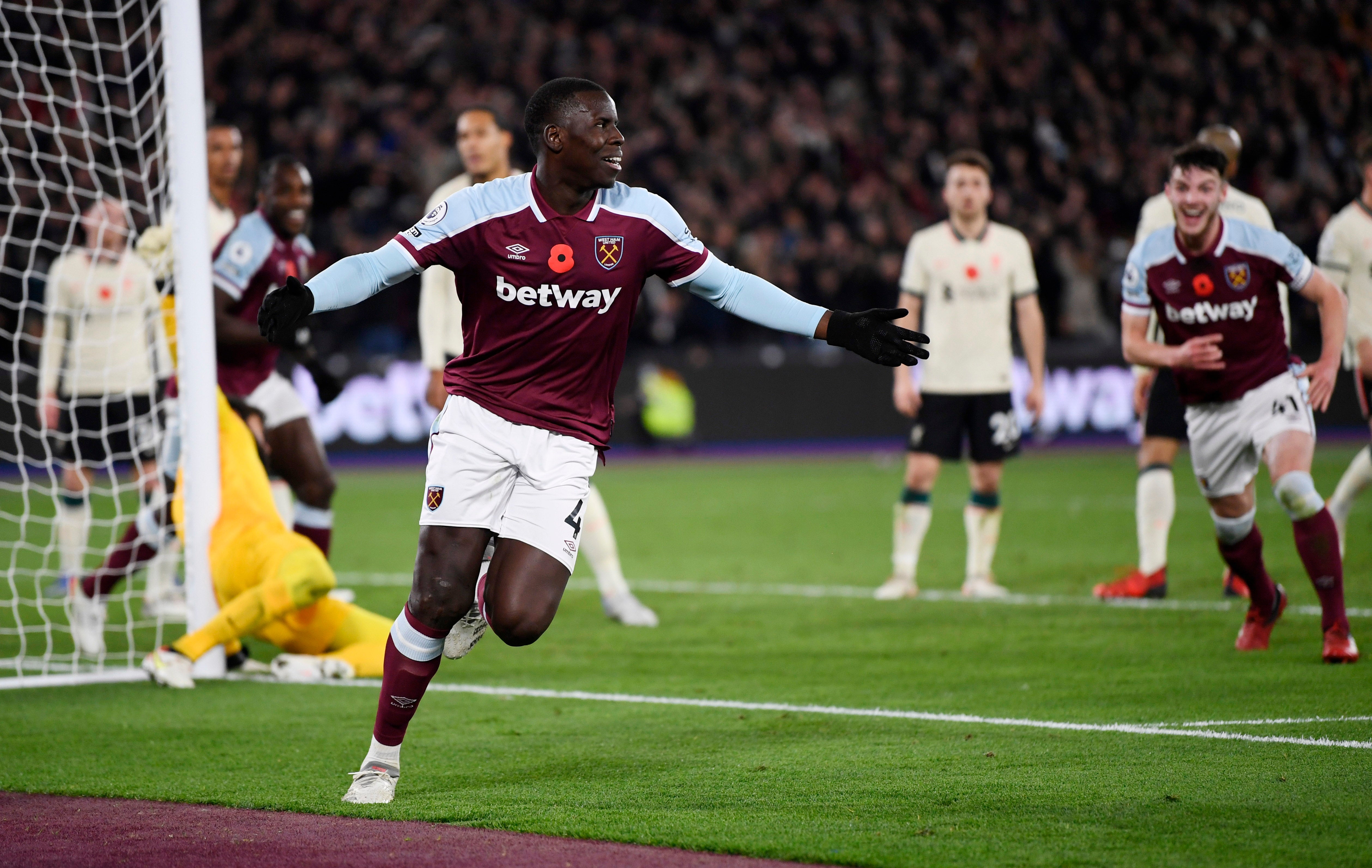 Kurt Zouma celebrates scoring West Ham’s third goal