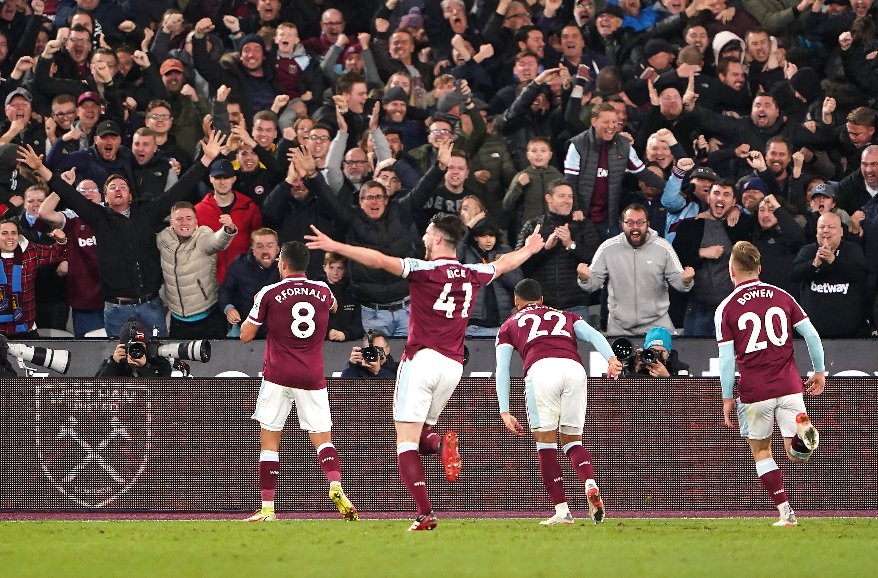 Pablo Fornals, left, celebrates scoring West Ham’s second goal