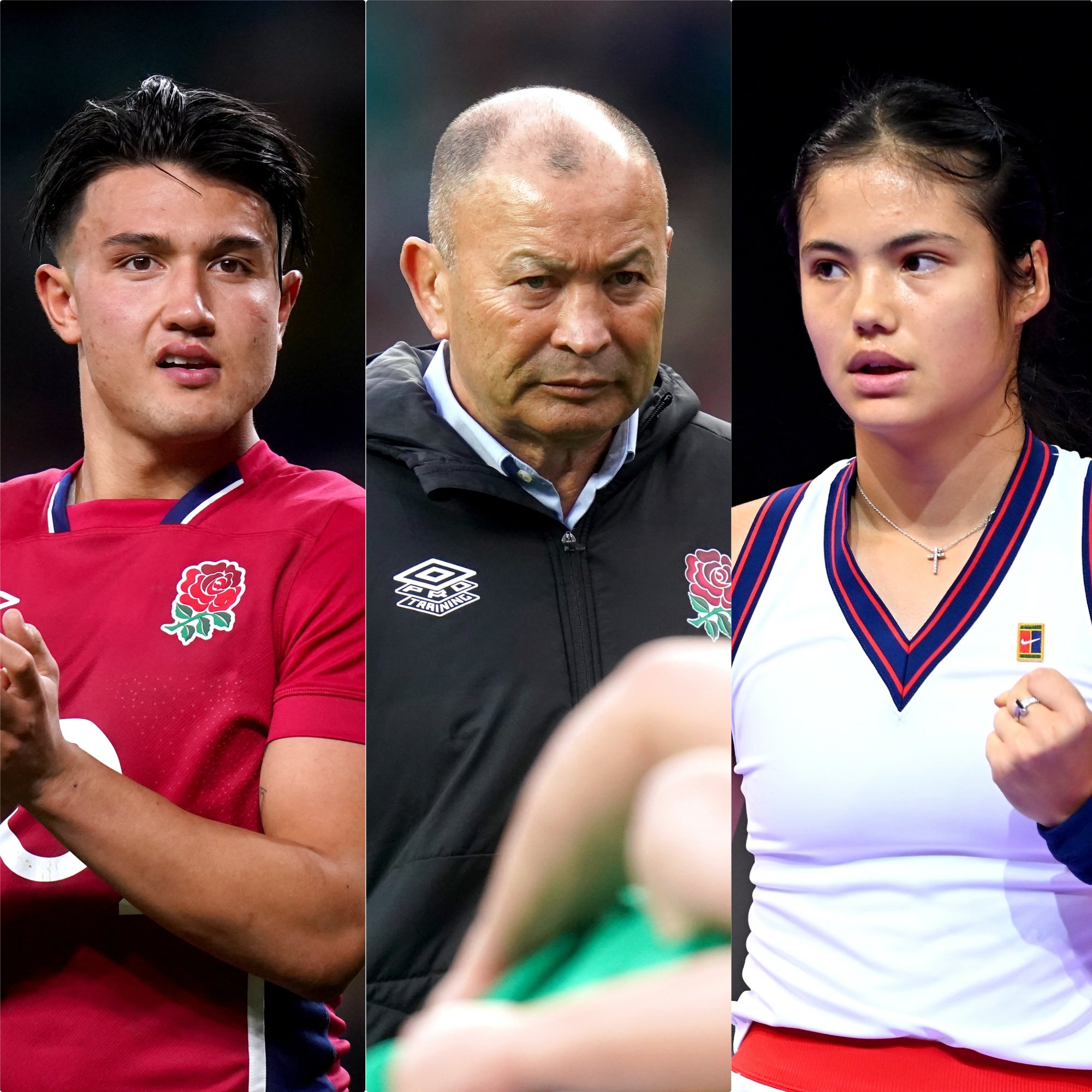 Eddie Jones (centre) is mindful of the “distractions” Emma Raducanu (right) has had to deal with, as he looks to protect Marcus Smith (PA)