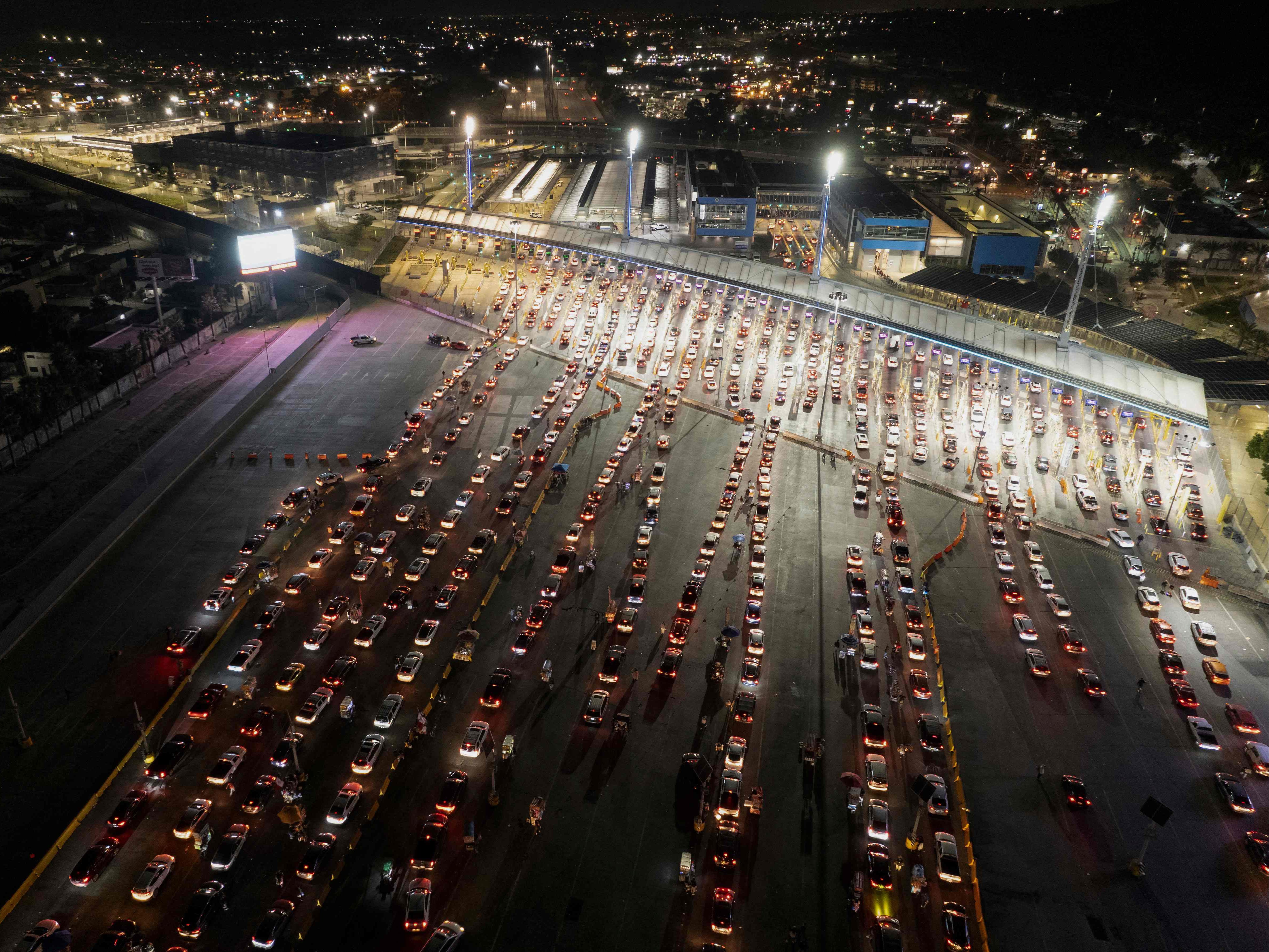 Aerial view of cars lining-up to cross the Mexico-United States border in Tijuana, Mexico.