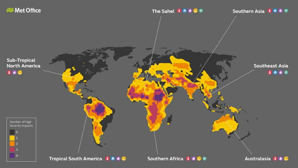 Regions where multiple severe impacts - such as heat stress risk, river flooding, drought and wildfire risk - may occur at similar times at 4C of global warming