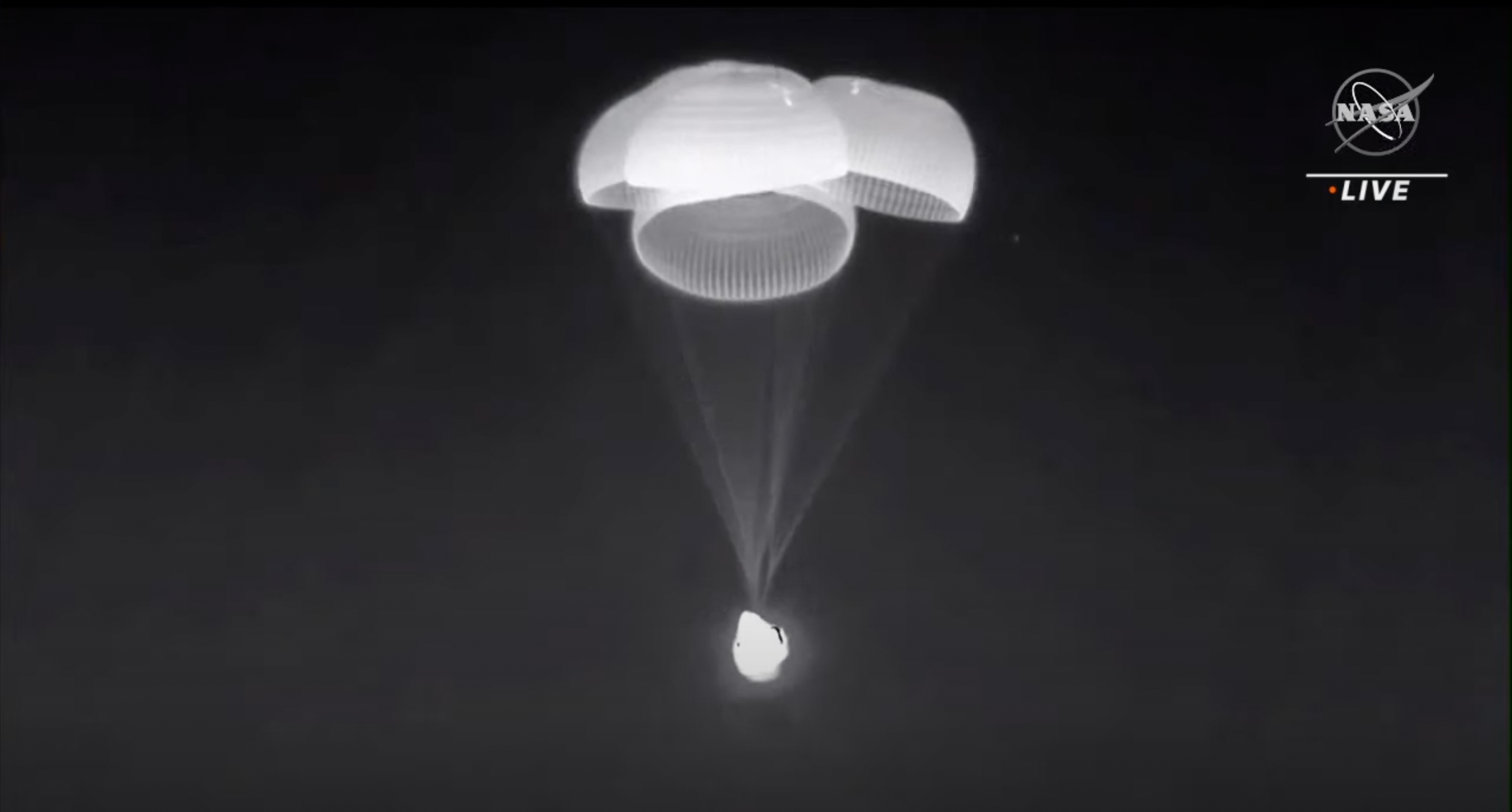 SpaceX Crew Dragon capsule deploying parachutes for splashdown