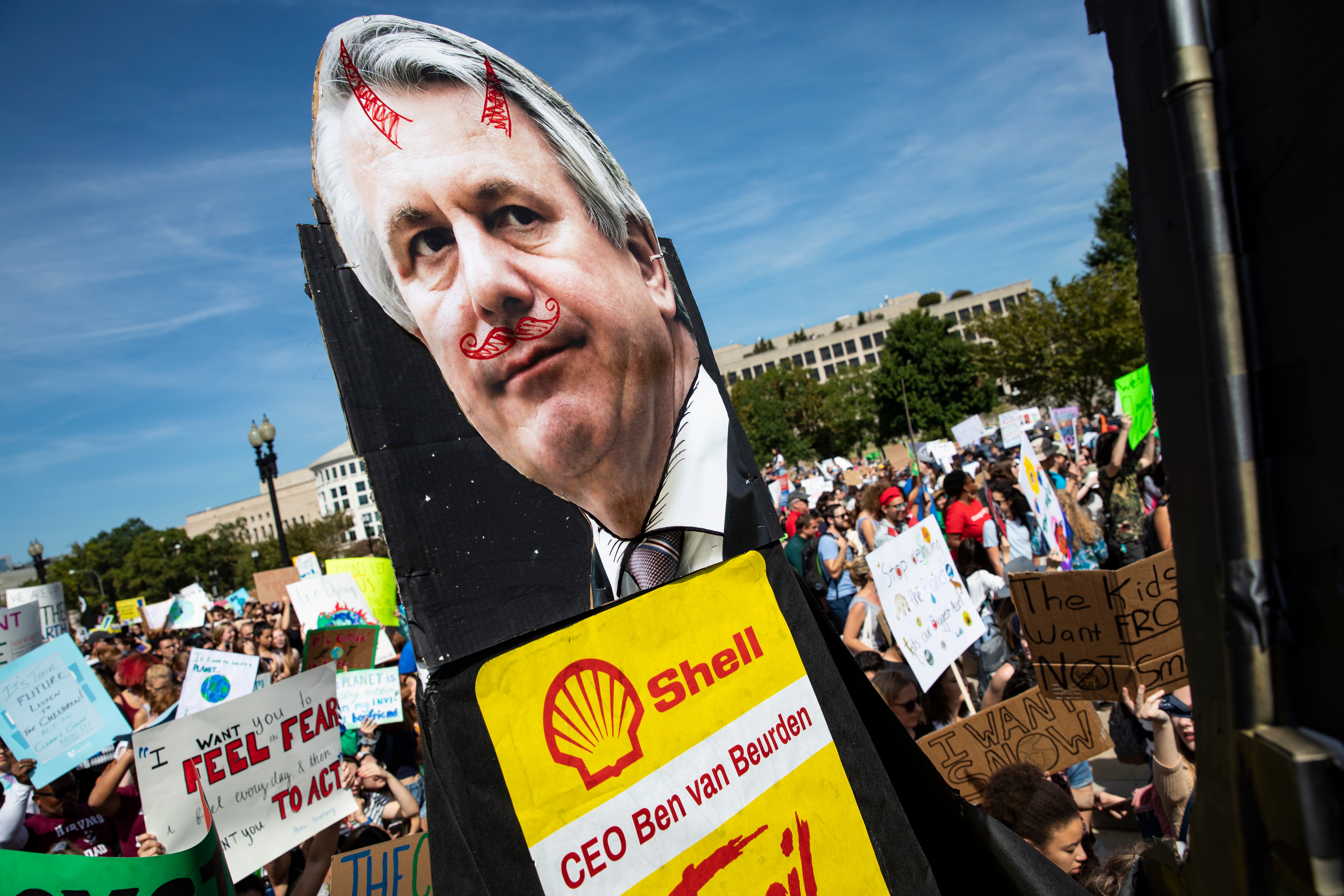 An effigy of Van Beurden is displayed at a global climate strike protest in Washington in 2019