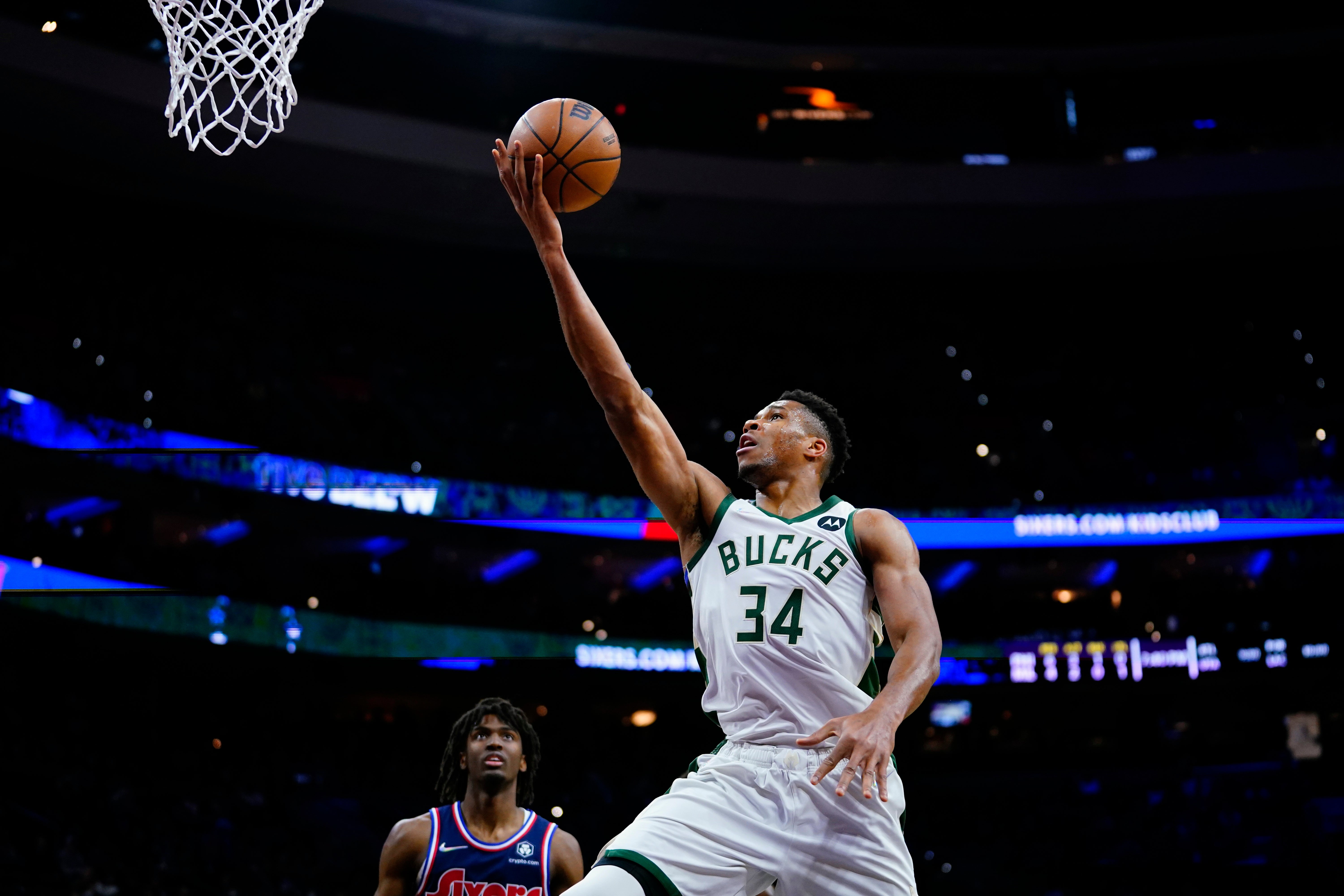 Milwaukee Bucks’ Giannis Antetokounmpo goes up for a shot during the first half of an NBA basketball game against the Philadelphia 76ers (AP Photo/Matt Slocum)