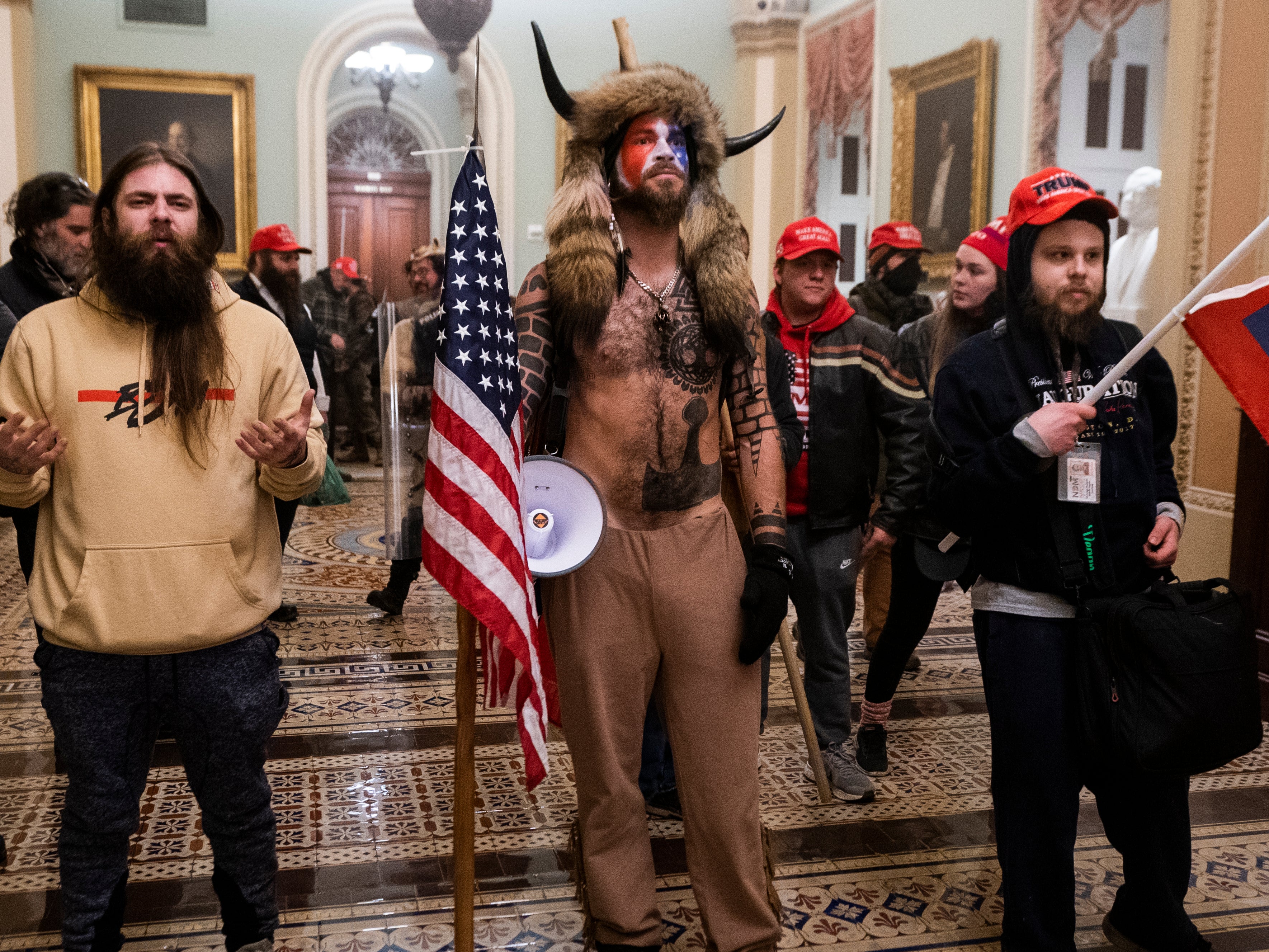 Jacob Chansley, aka the “QAnon shaman”, at the Capitol riot