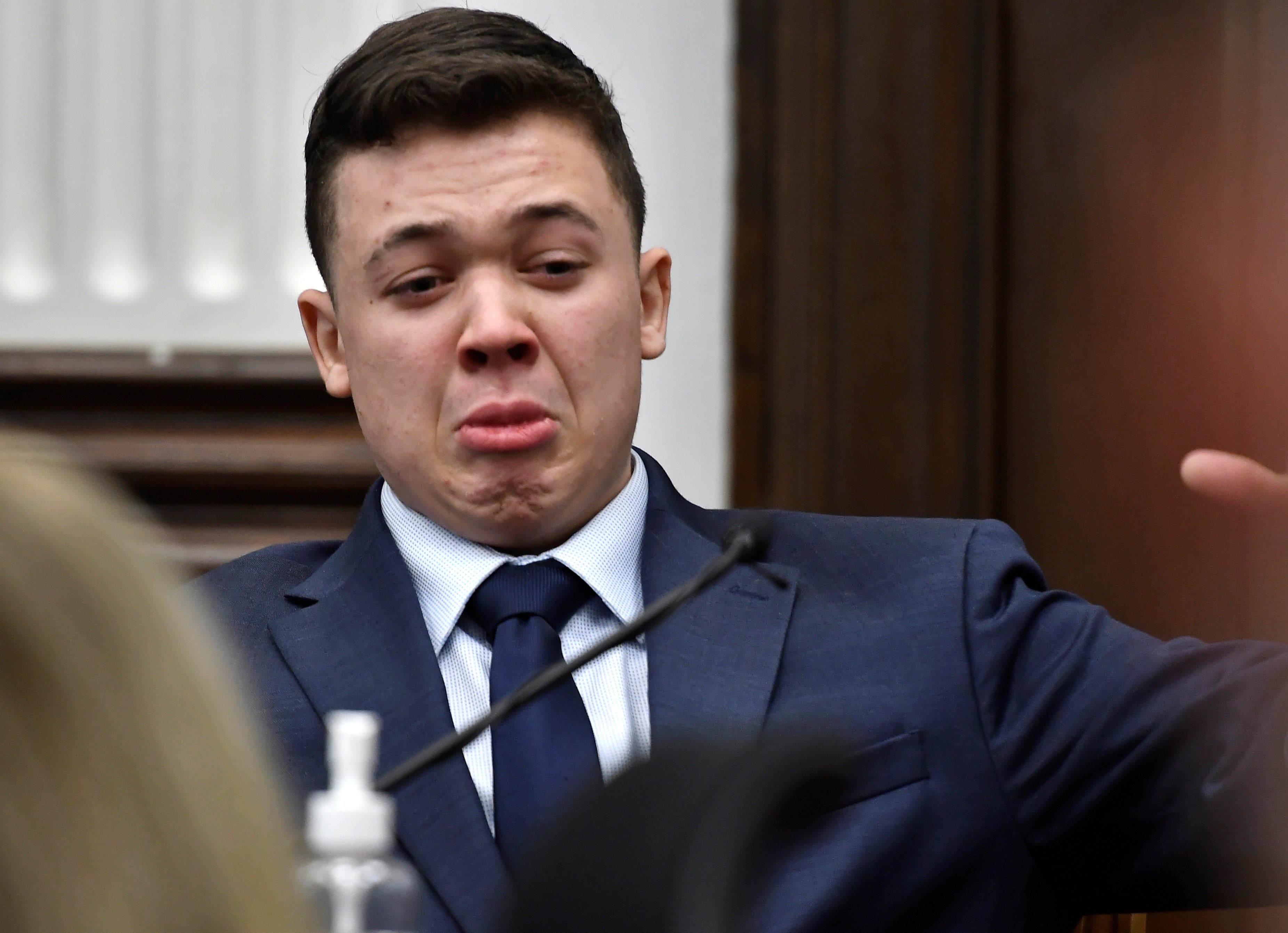 Kyle Rittenhouse breaks down on the stand as he testifies about his encounter with the late Joseph Rosenbaum during his trial at the Kenosha County Courthouse in Kenosha, Wisconsin, November 10, 2021