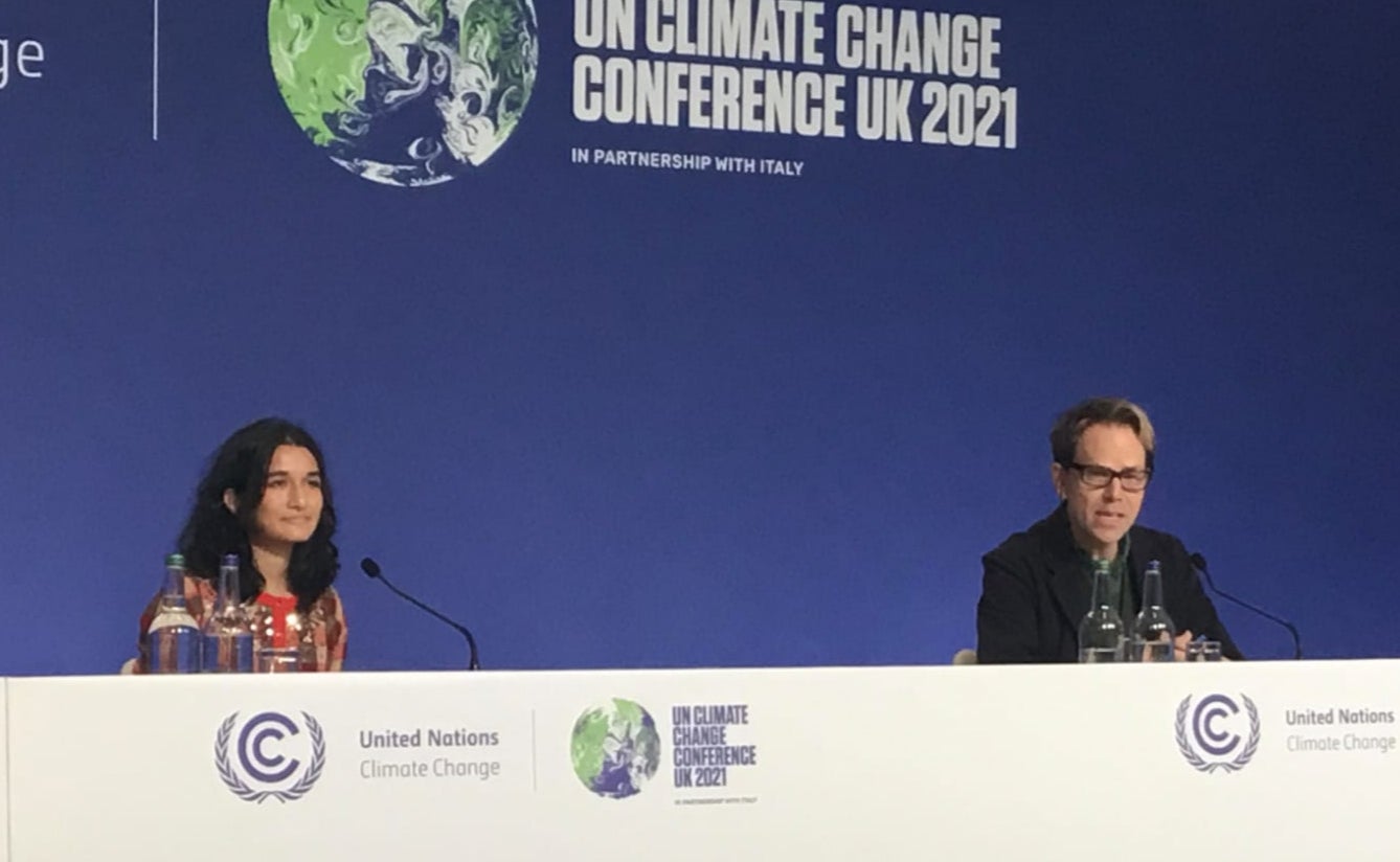 Rupert Read at a Cop26 press conference alongside 2020 US Youth Poet Laureate, Meera Dasgupta