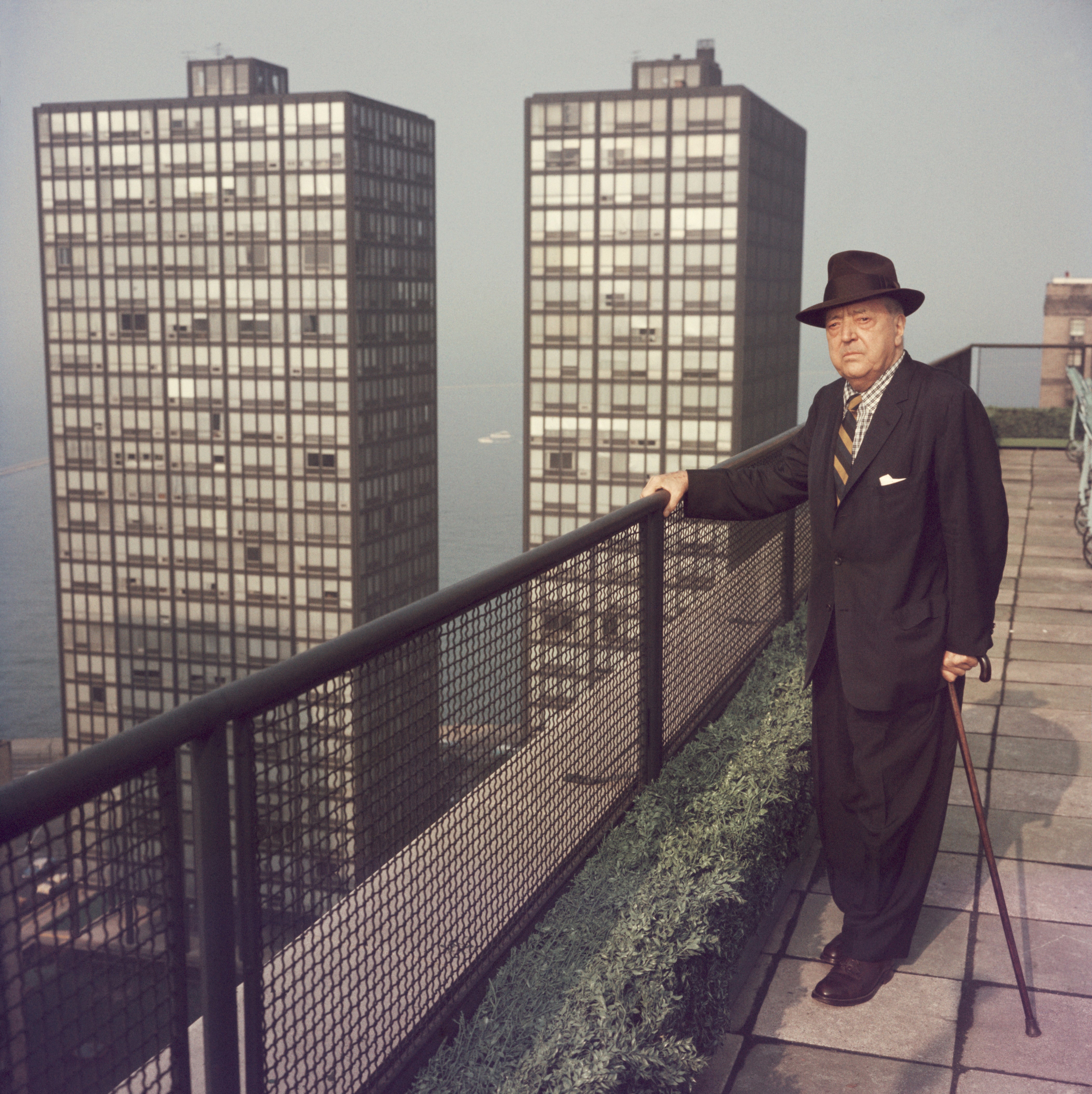 Mies van der Rohe on the rooftop of a Chicago skyscraper, circa 1960