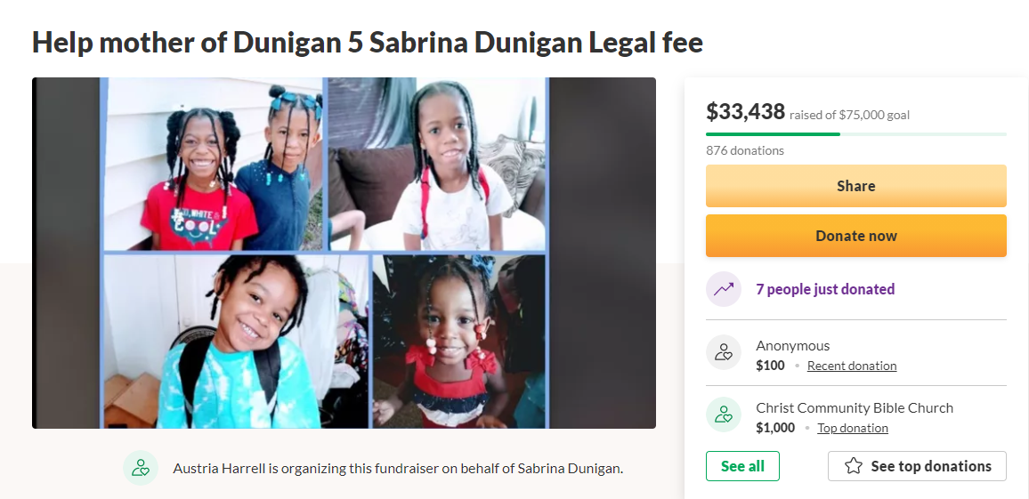 At least two separate GoFundMe accounts for the Ms Dunigan and her family had raised nearly $100,000 as of Wednesday