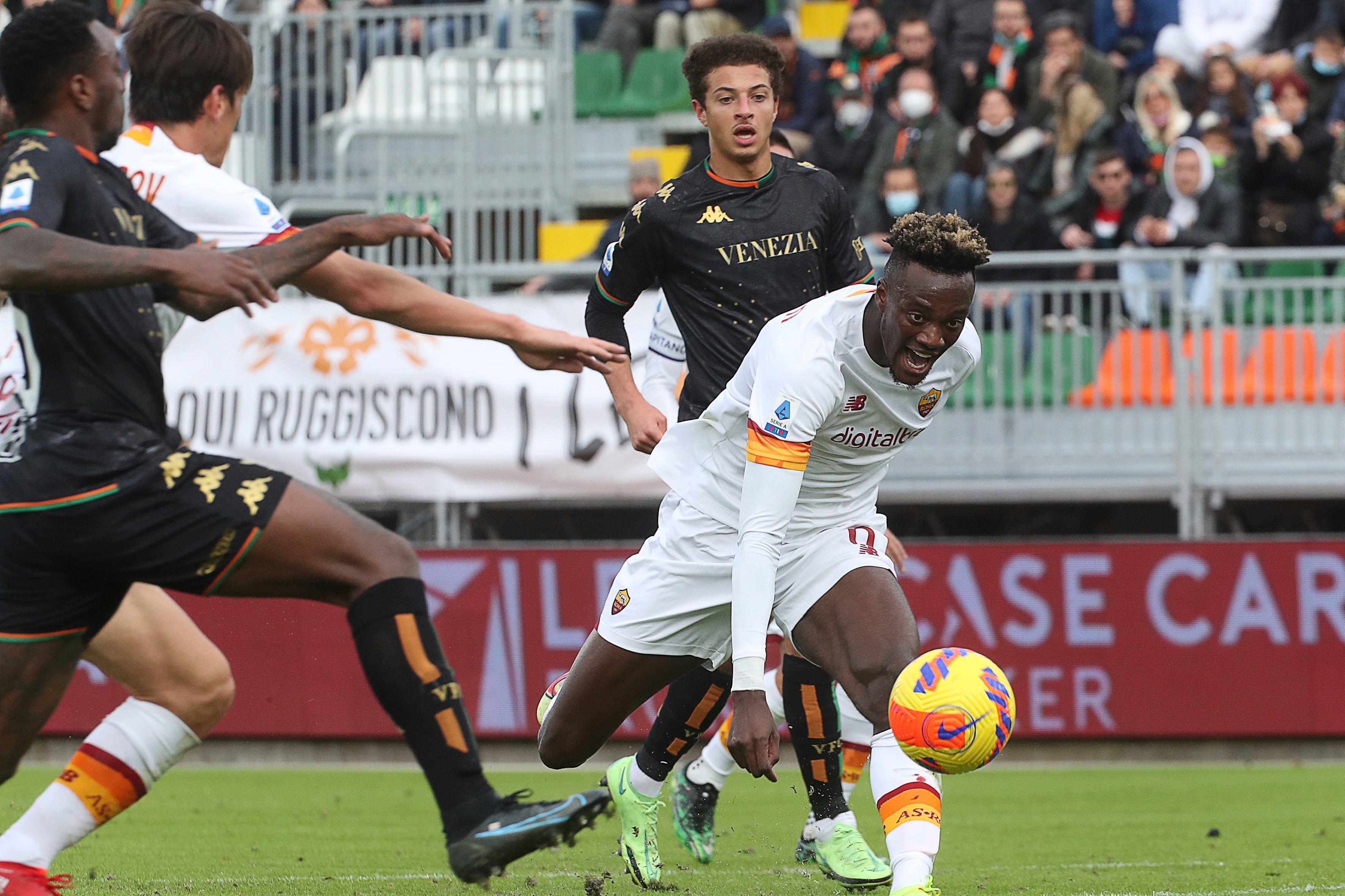 Ethan Ampadu (second from right) in action for Venezia during their 3-2 Serie A victory over Roma last weekend (Paola Garbuio/LaPresse via AP)