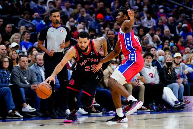 Toronto Raptors’ Fred VanVleet, left, tries to get past Philadelphia 76ers’ Tyrese Maxey (Matt Slocum/AP)