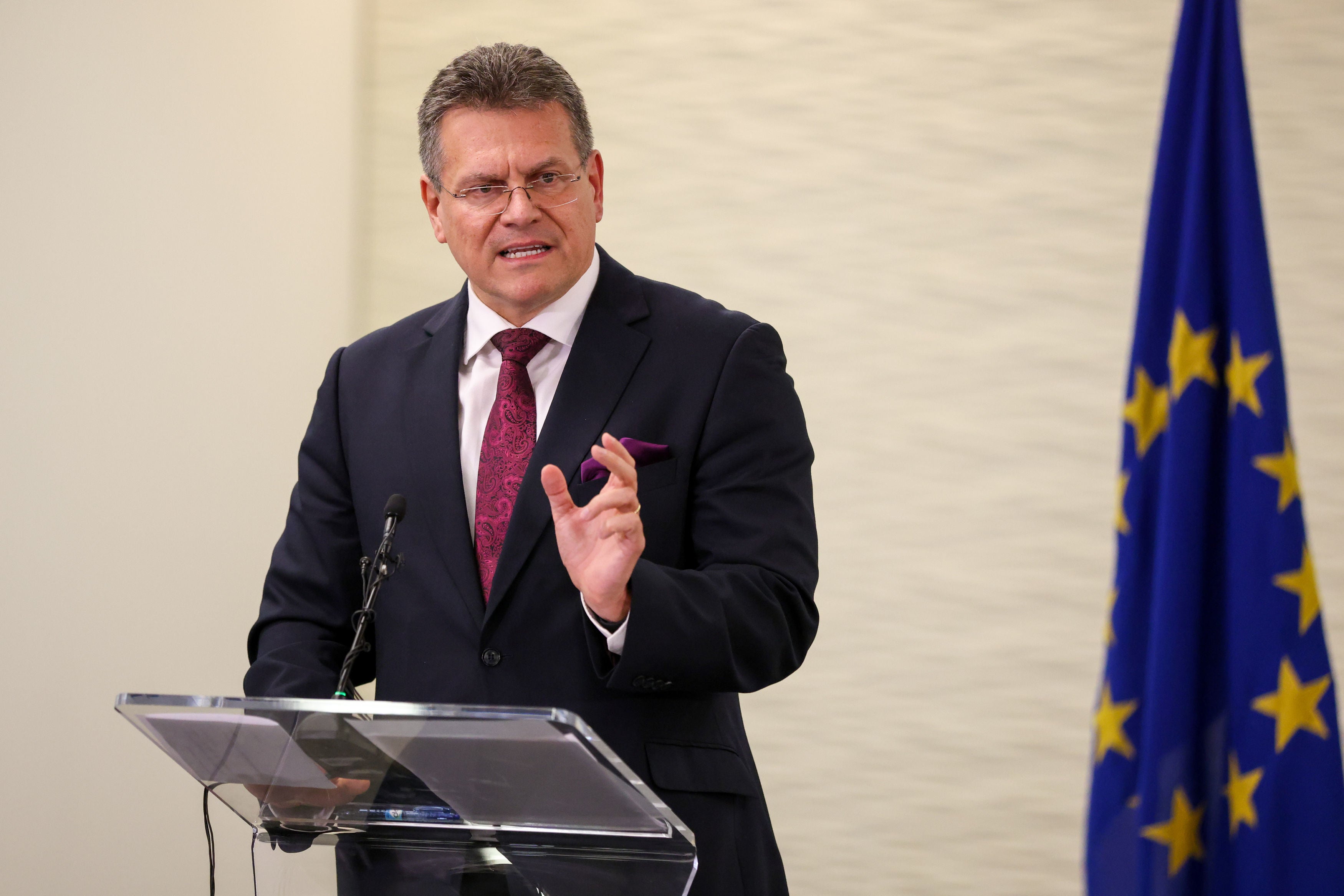 Maros Sefcovic, EU Commission vice-president, speaking after a meeting at Lancaster House in London on Friday, the fourth to be held to attempt to resolve issues with the Northern Ireland protocol