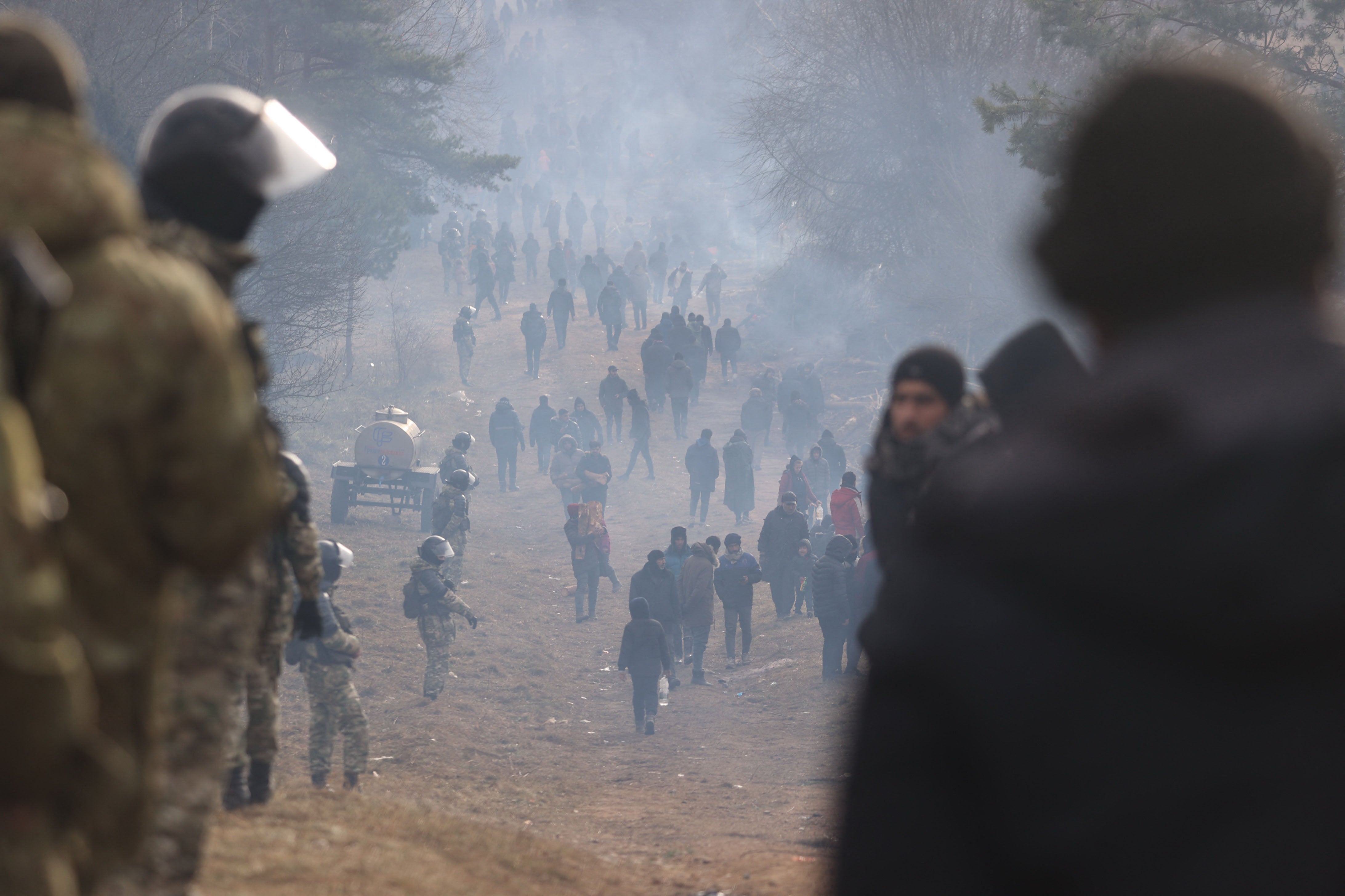 Migrants in a camp in the Grodno region, next to the Belarusian-Polish border