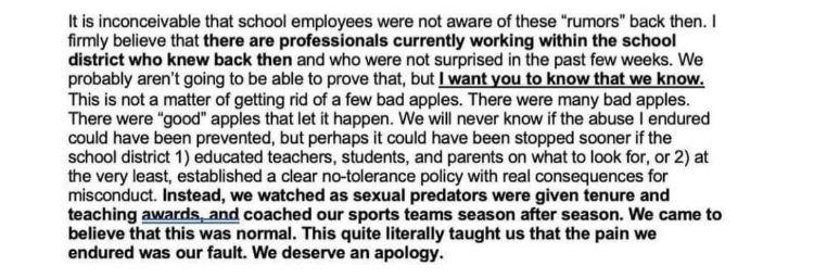 In her letter to the Babylon Board of Education, Ms Rohl claims rumours about teachers were widely know but ignored by officials during her high school years