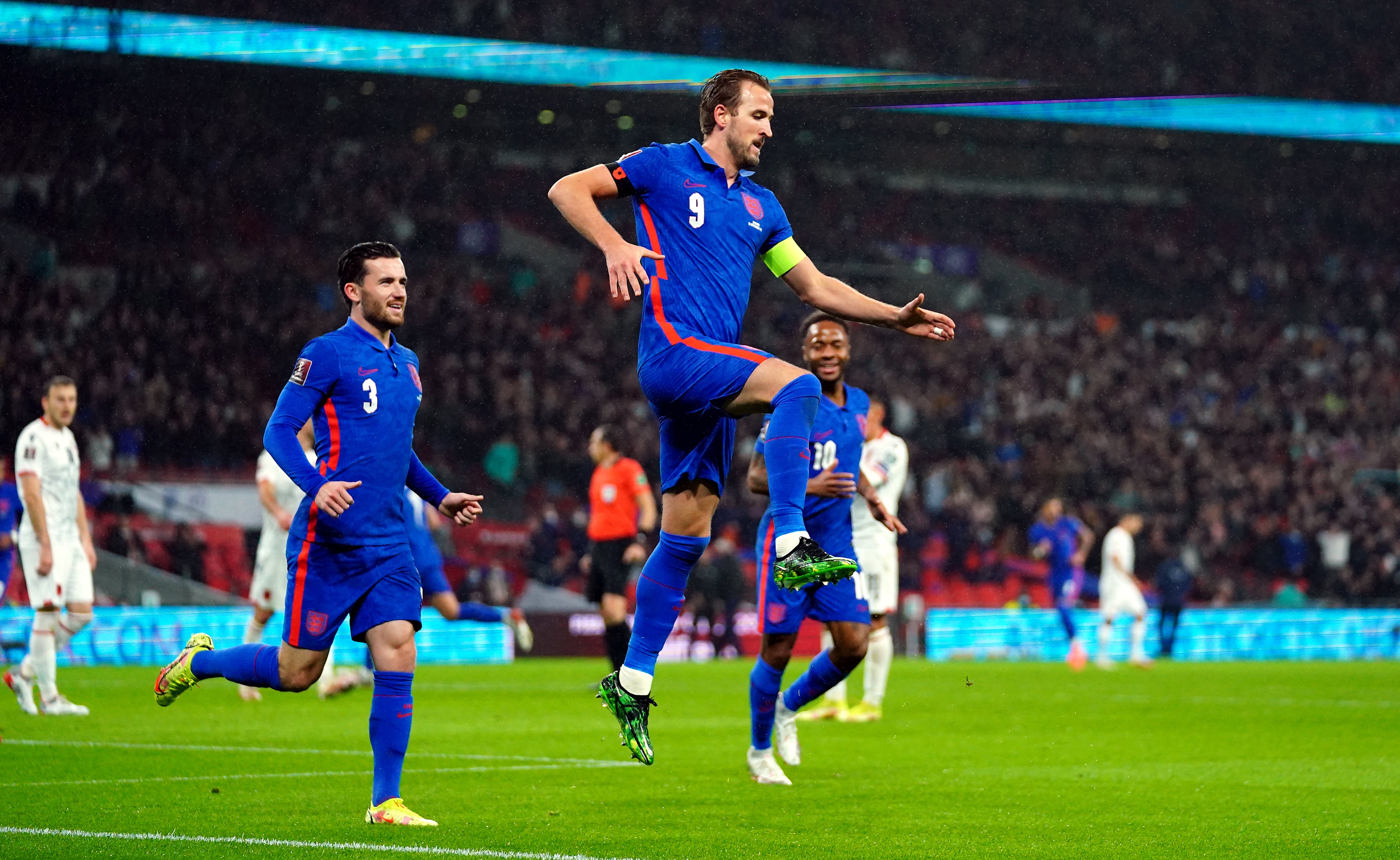 Kane celebrates scoring his side’s second goal against Albania