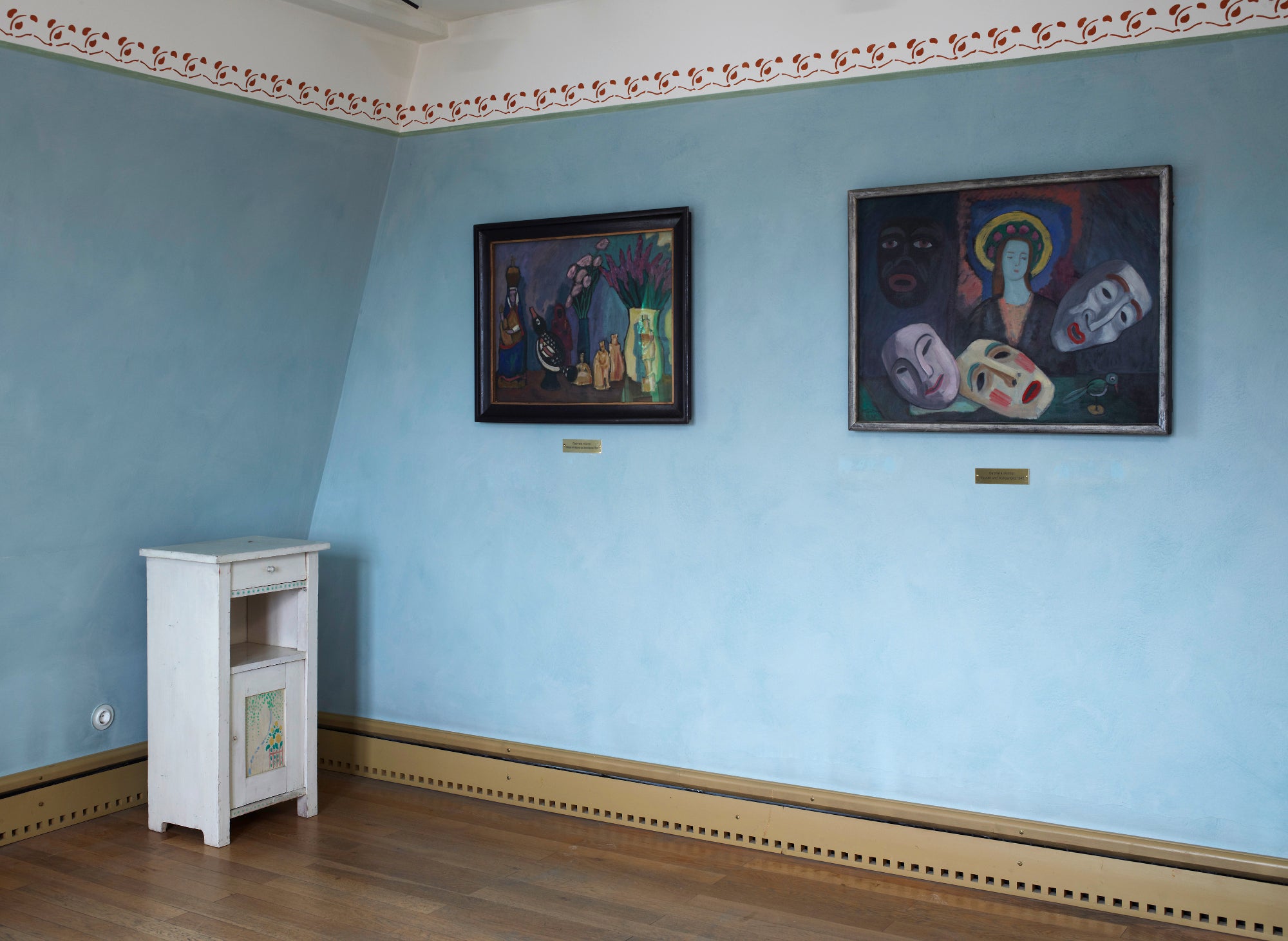 Münter’s room in Murnau, with a bedside table painted by Kandinsky. The paintings are by Münter