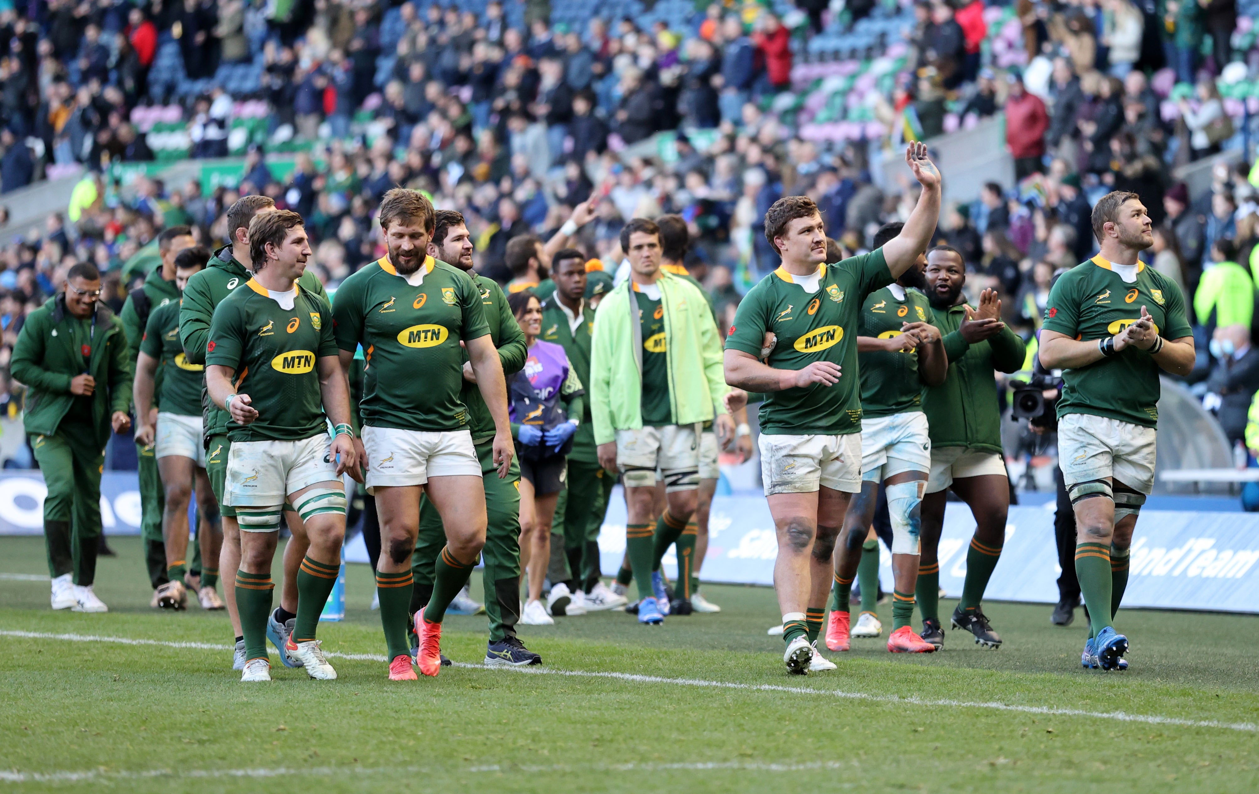 South Africa celebrate with their fans (Steve Welsh/PA)