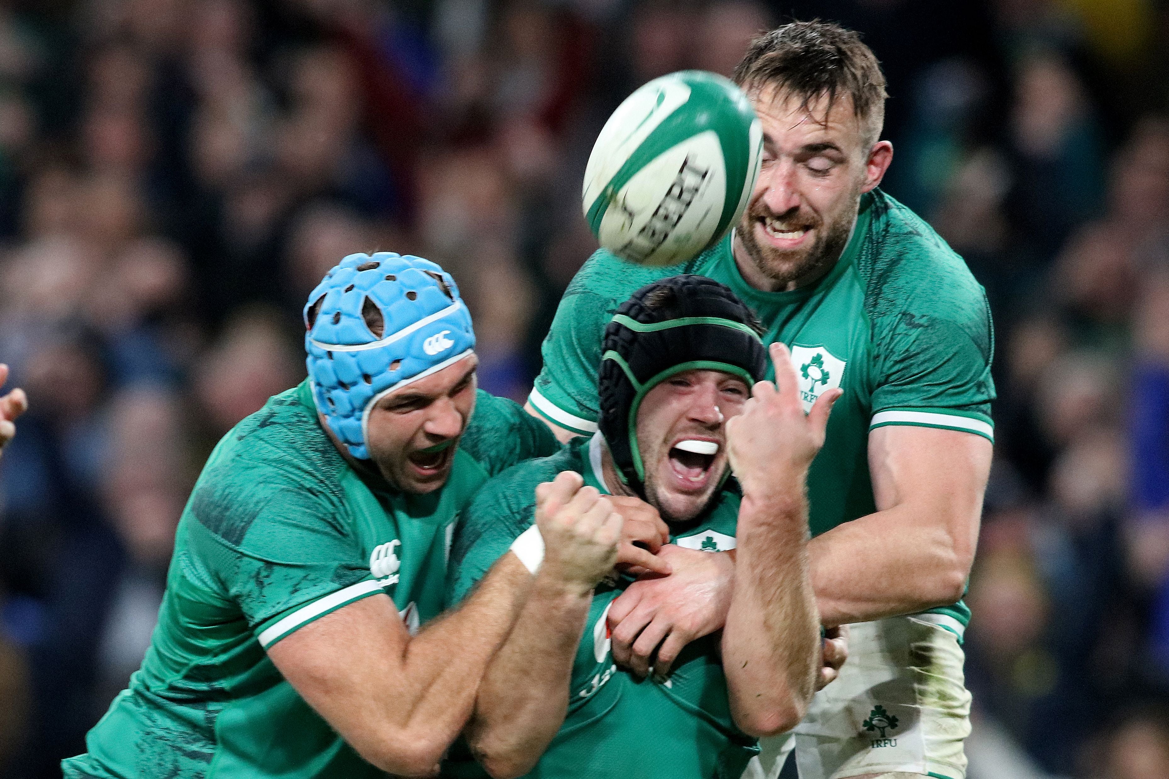 Caelen Doris (c) celebrates scoring Ireland’s third try against the All Blacks