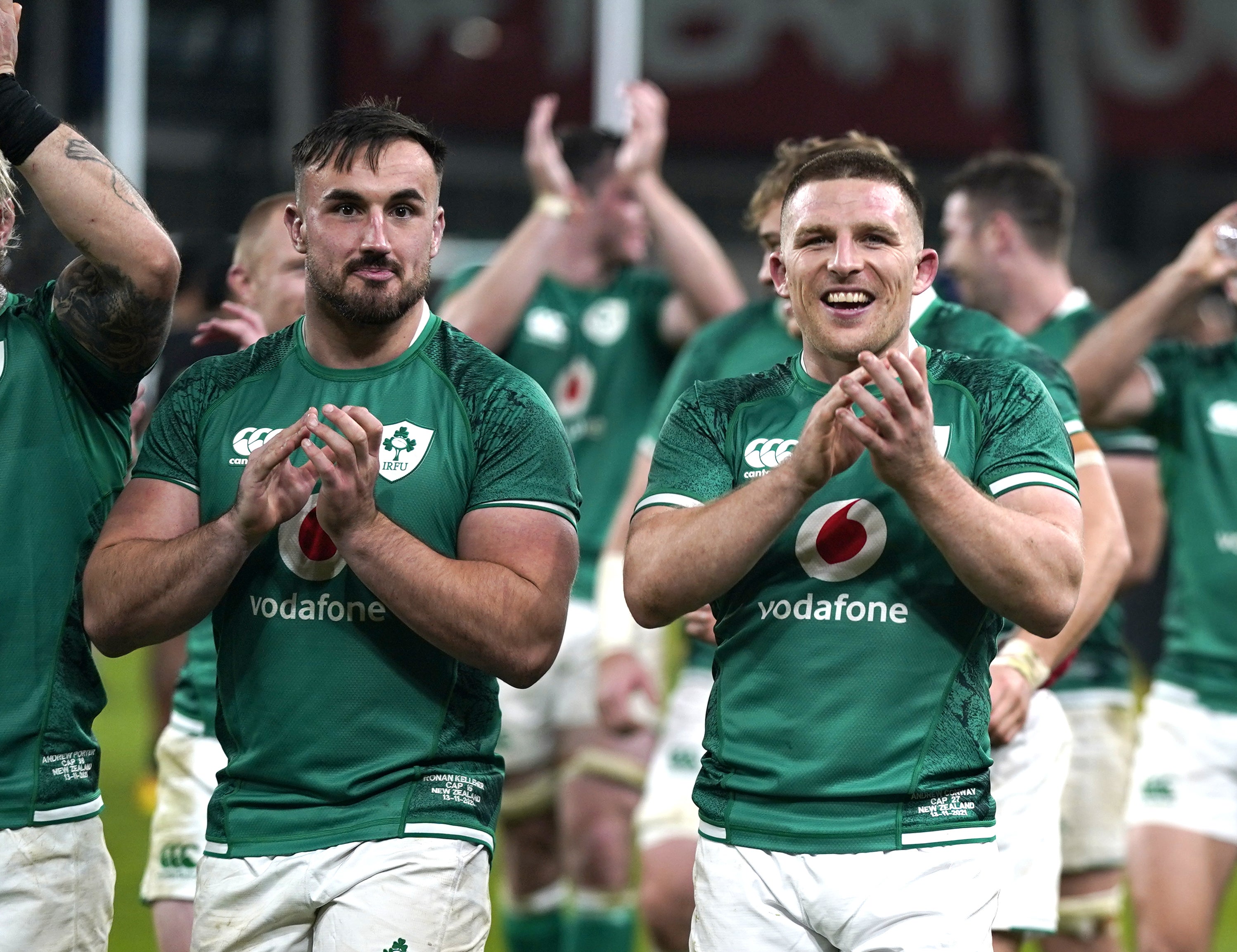 Try-scorer Ronan Kelleher, right, celebrates with Andrew Conway after victory over New Zealand (Niall Carson/PA)